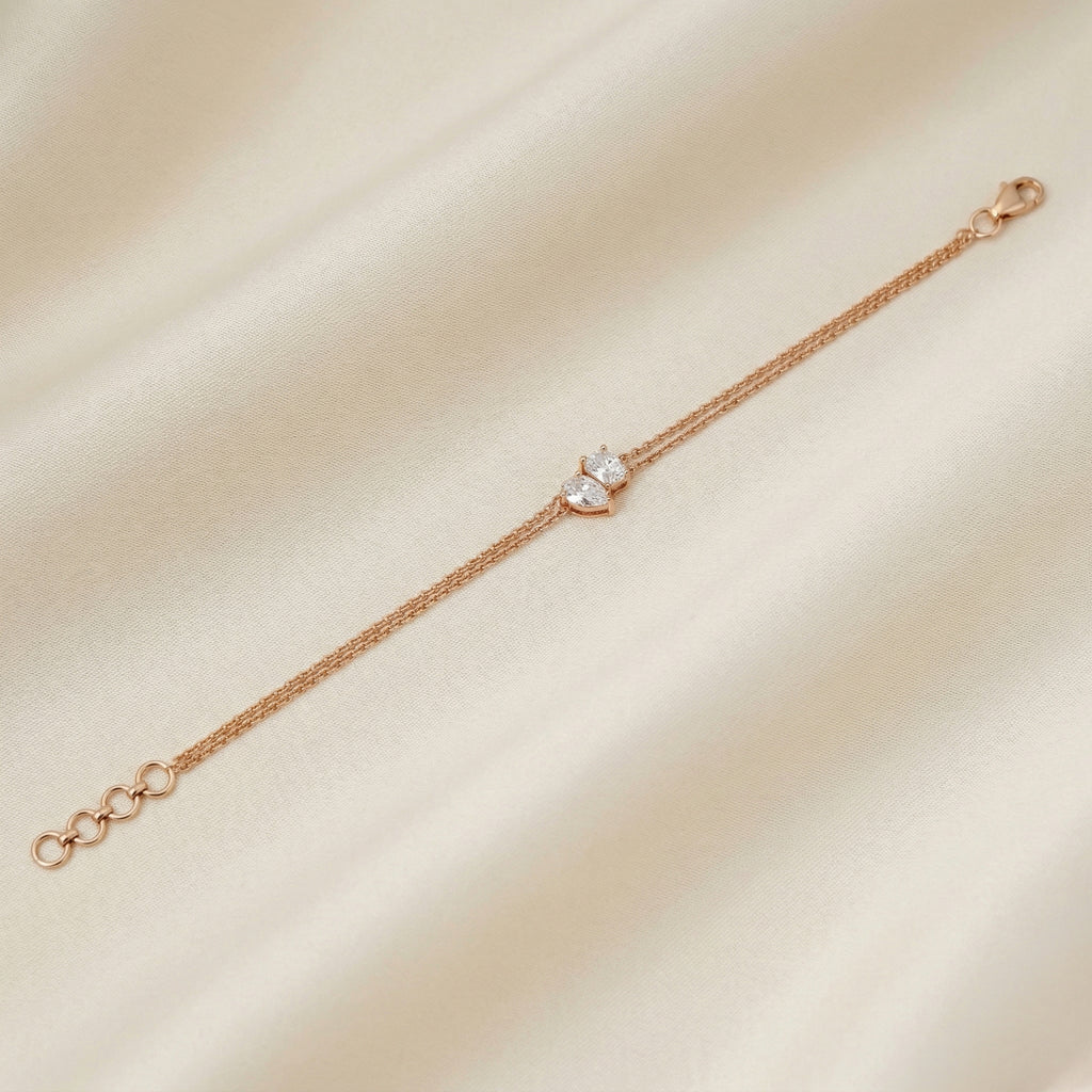 Toi Et Moi Elongated Prong Pear & Emerald Cut Delicate Double-Chain Bracelet Lab Grown Diamonds 14K Rose Gold 0.9 CTW