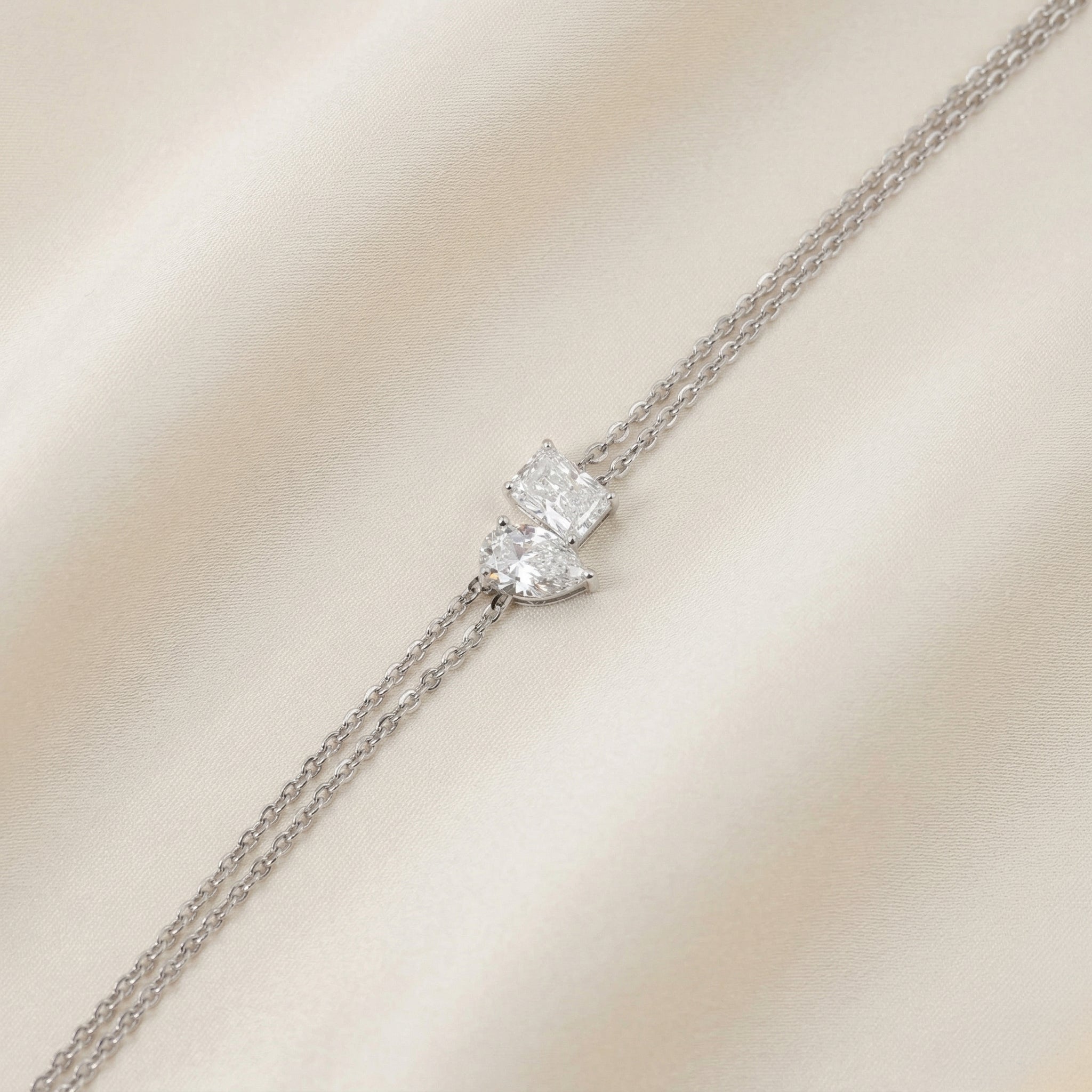 Toi Et Moi Elongated Prong Pear & Emerald Cut Delicate Double-Chain Bracelet Lab Grown Diamonds 14K White Gold 0.9 CTW