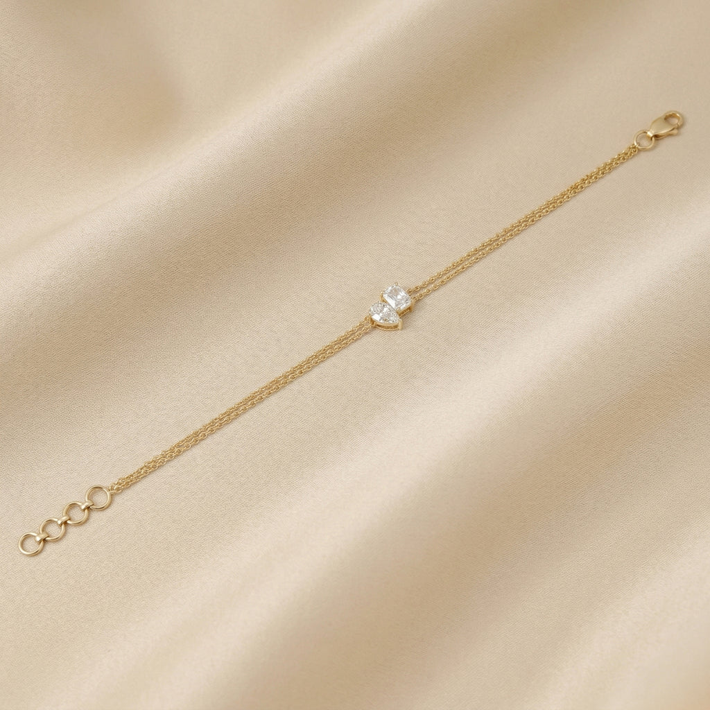 Toi Et Moi Elongated Prong Pear & Emerald Cut Delicate Double-Chain Bracelet Lab Grown Diamonds 14K Yellow Gold 0.9 CTW