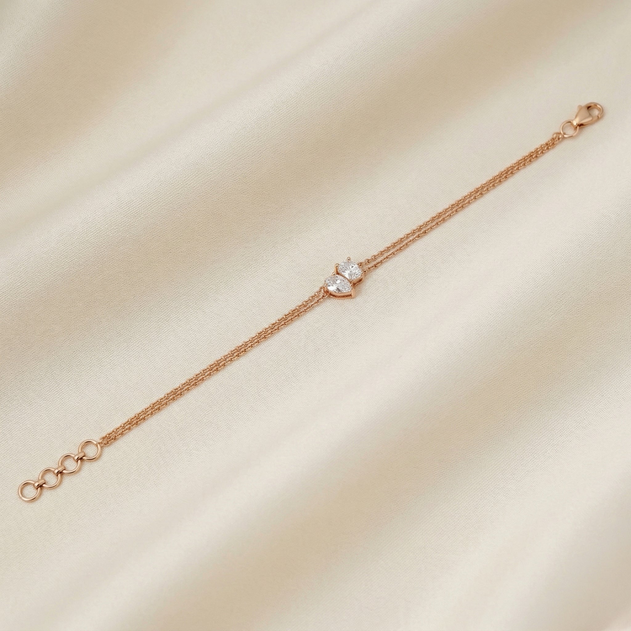 Toi Et Moi Elongated Prong Pear & Emerald Cut Delicate Double-Chain Bracelet Lab Grown Diamonds 18K Rose Gold 0.9 CTW