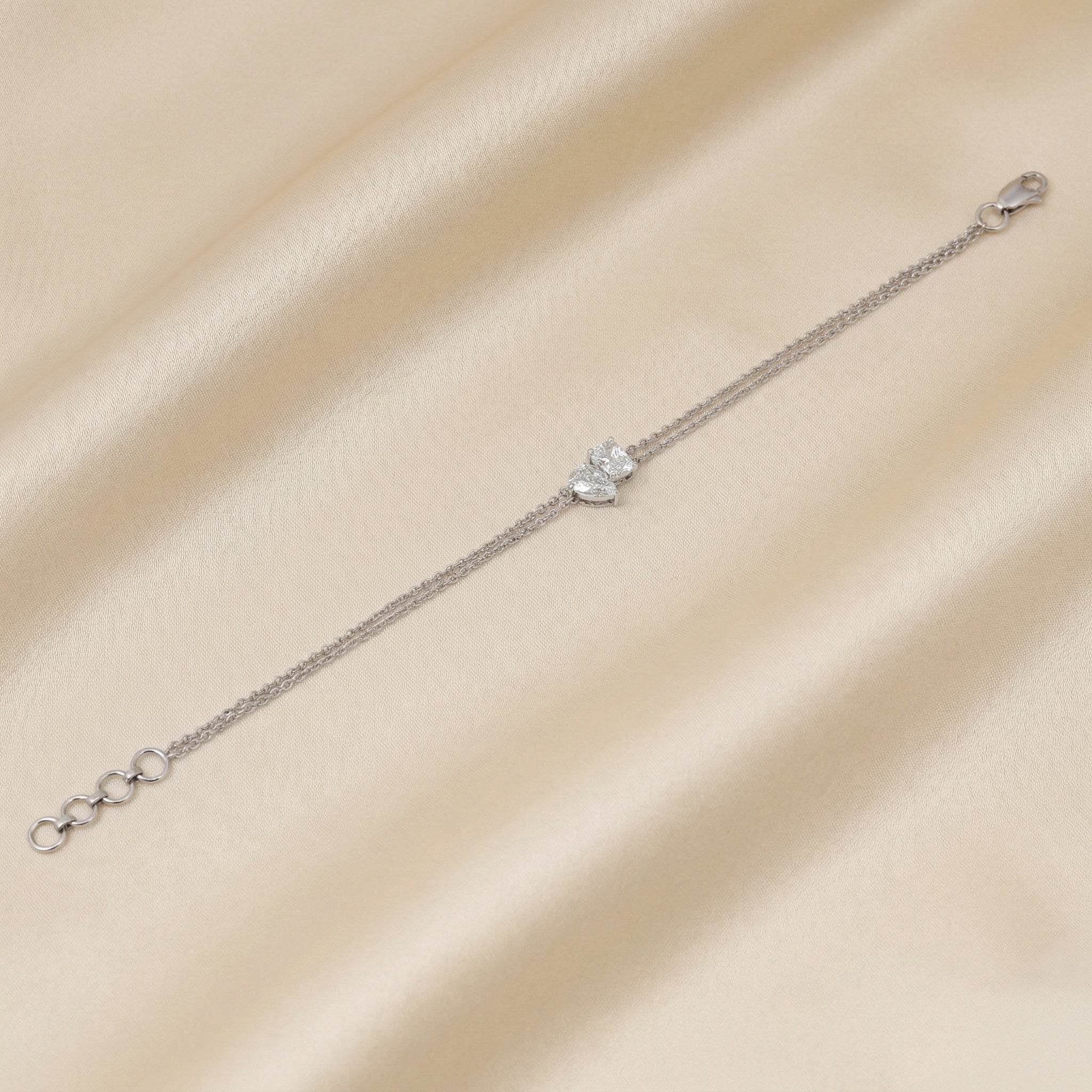 Toi Et Moi Elongated Prong Pear & Emerald Cut Delicate Double-Chain Bracelet Lab Grown Diamonds 18K White Gold 0.9 CTW