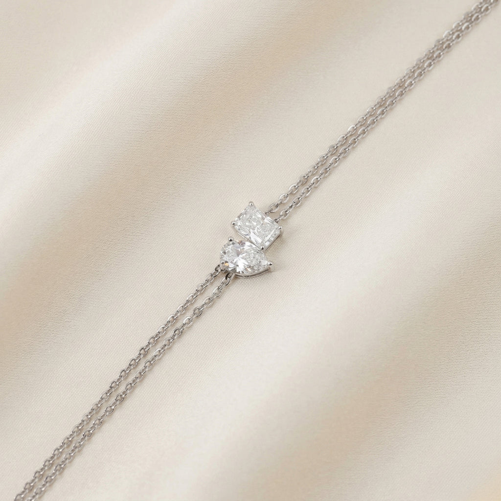 Toi Et Moi Elongated Prong Pear & Emerald Cut Delicate Double-Chain Bracelet Lab Grown Diamonds 18K White Gold 0.9 CTW