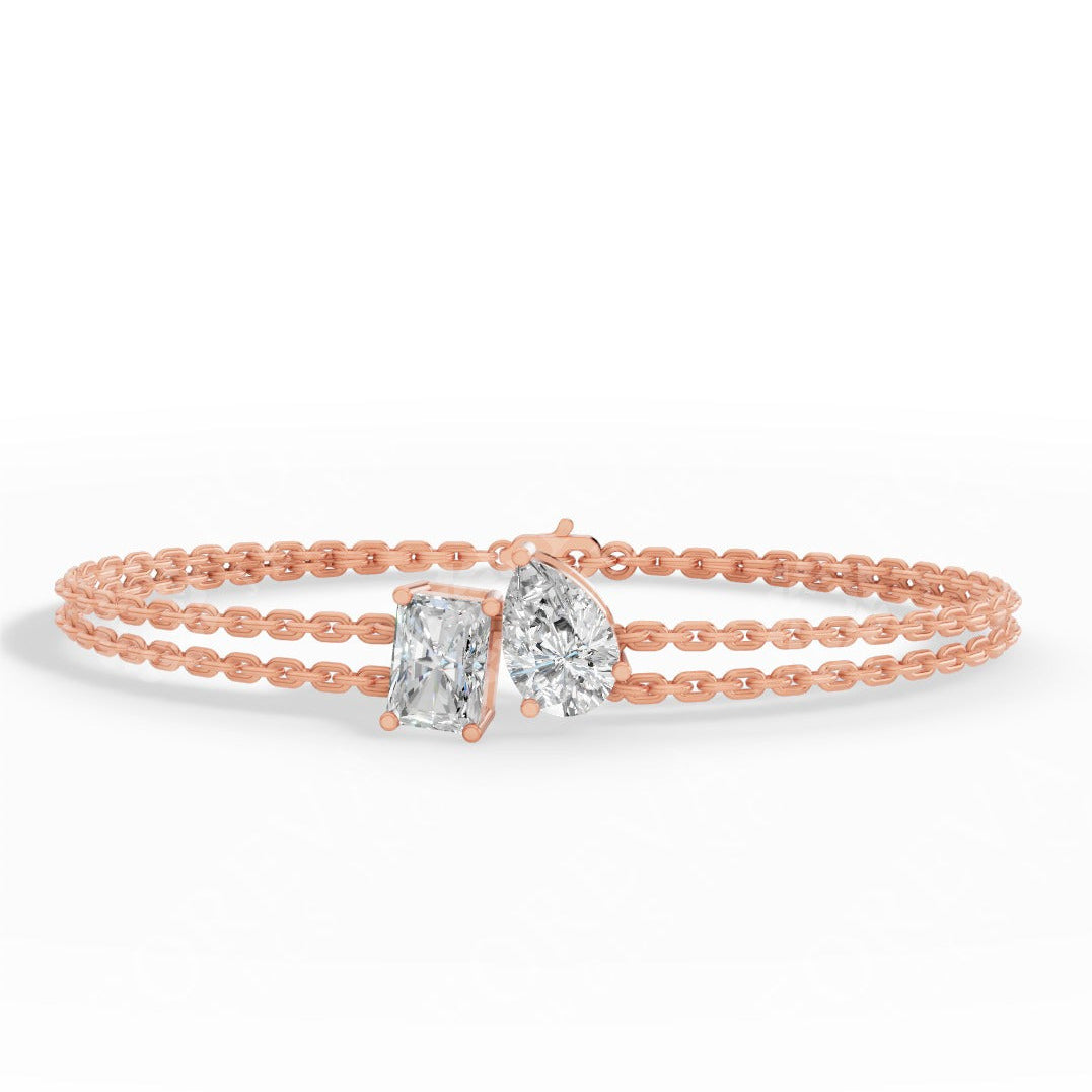 Toi Et Moi Elongated Prong Pear & Emerald Cut Lab Grown Diamond Delicate Double-Strand Bracelet 14k rose gold