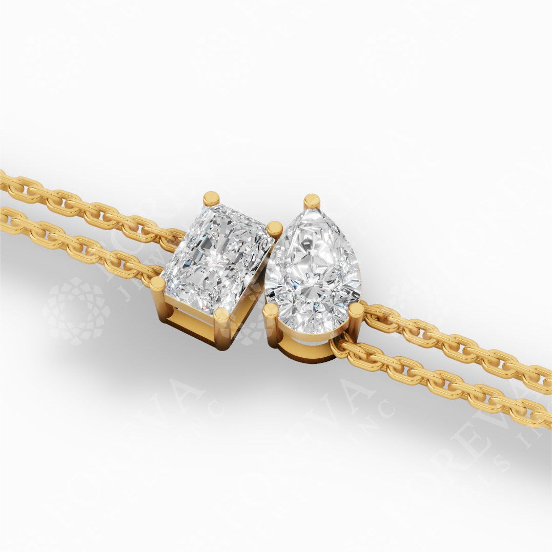 Toi Et Moi Elongated Prong Pear & Emerald Cut Lab Grown Diamond Delicate Double-Strand Bracelet 18k yellow gold