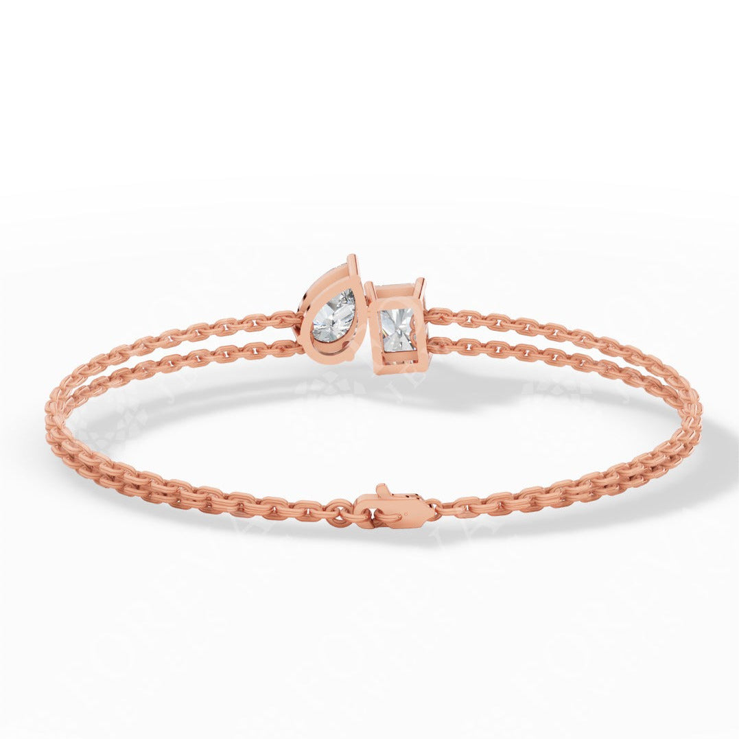 Toi Et Moi Elongated Prong Pear & Emerald Cut Lab Grown Diamond Delicate Double-Strand Bracelet rose gold back