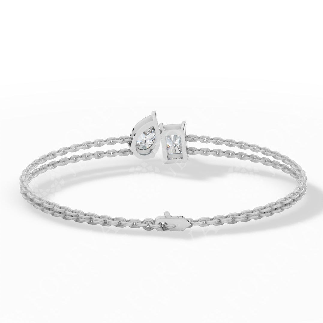 Toi Et Moi Elongated Prong Pear & Emerald Cut Lab Grown Diamond Delicate Double-Strand Bracelet white gold back