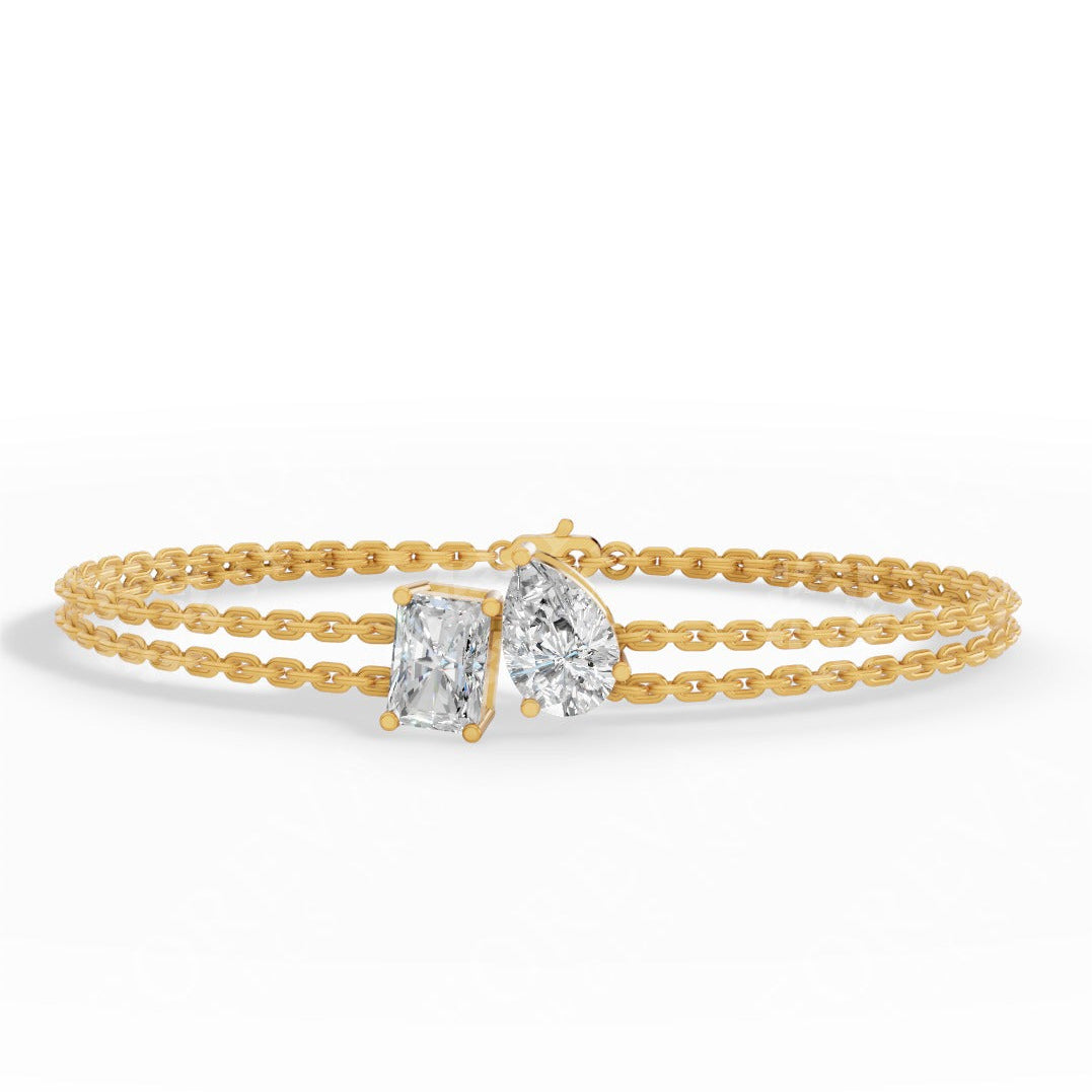 Toi Et Moi Elongated Prong Pear & Emerald Cut Lab Grown Diamond Delicate Double-Strand Bracelet yellow gold