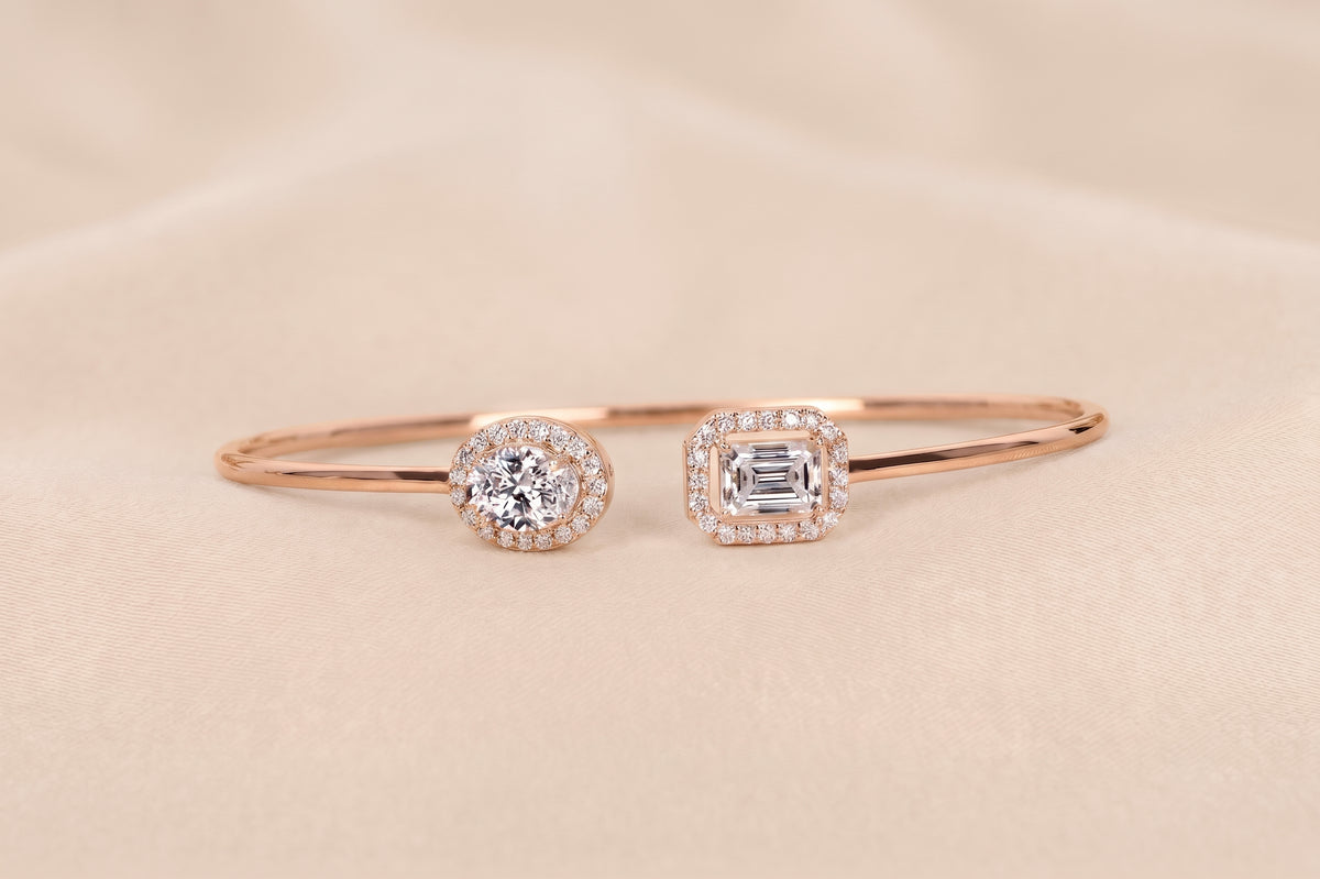 Toi Et Moi Halo Marquise & Emerald Cut Lab Grown Diamond Bangle Bracelet in 10K Rose Gold 1.90 CTW