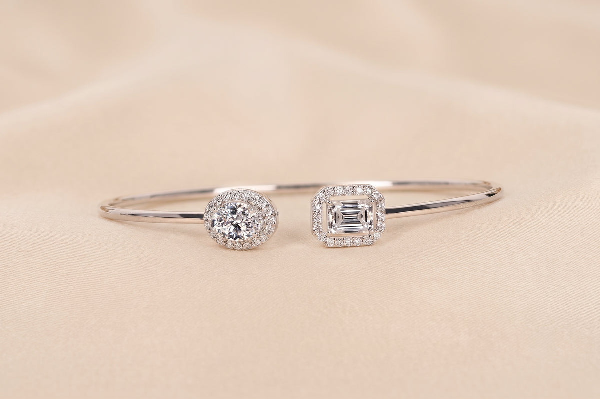 Toi Et Moi Halo Marquise & Emerald Cut Lab Grown Diamond Bangle Bracelet in 10K white Gold 1.90 CTW