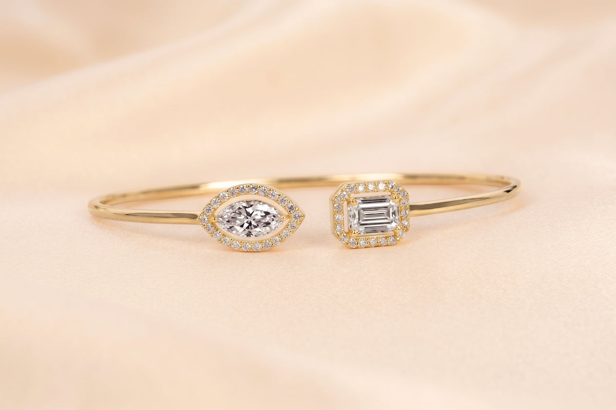 Toi Et Moi Halo Marquise & Emerald Cut Lab Grown Diamond Bangle Bracelet in 10K Yellow Gold 1.90 CTW