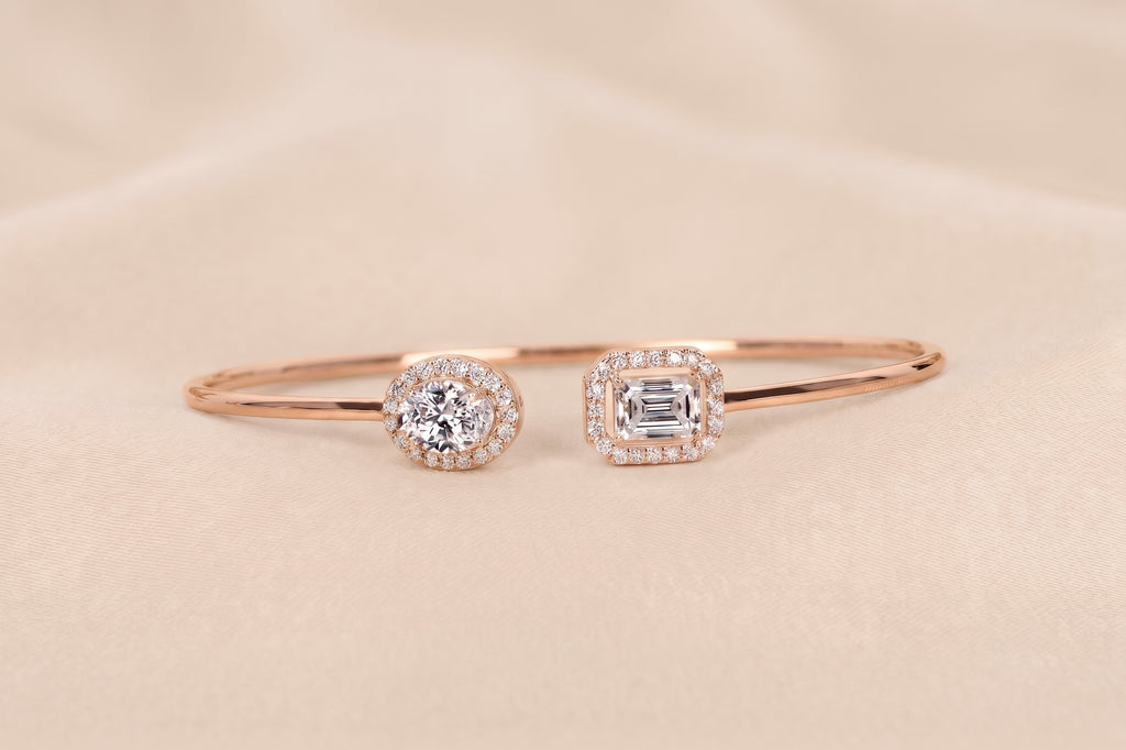 Toi Et Moi Halo Marquise & Emerald Cut Lab Grown Diamond Bangle Bracelet in 14K Rose Gold 1.90 CTW