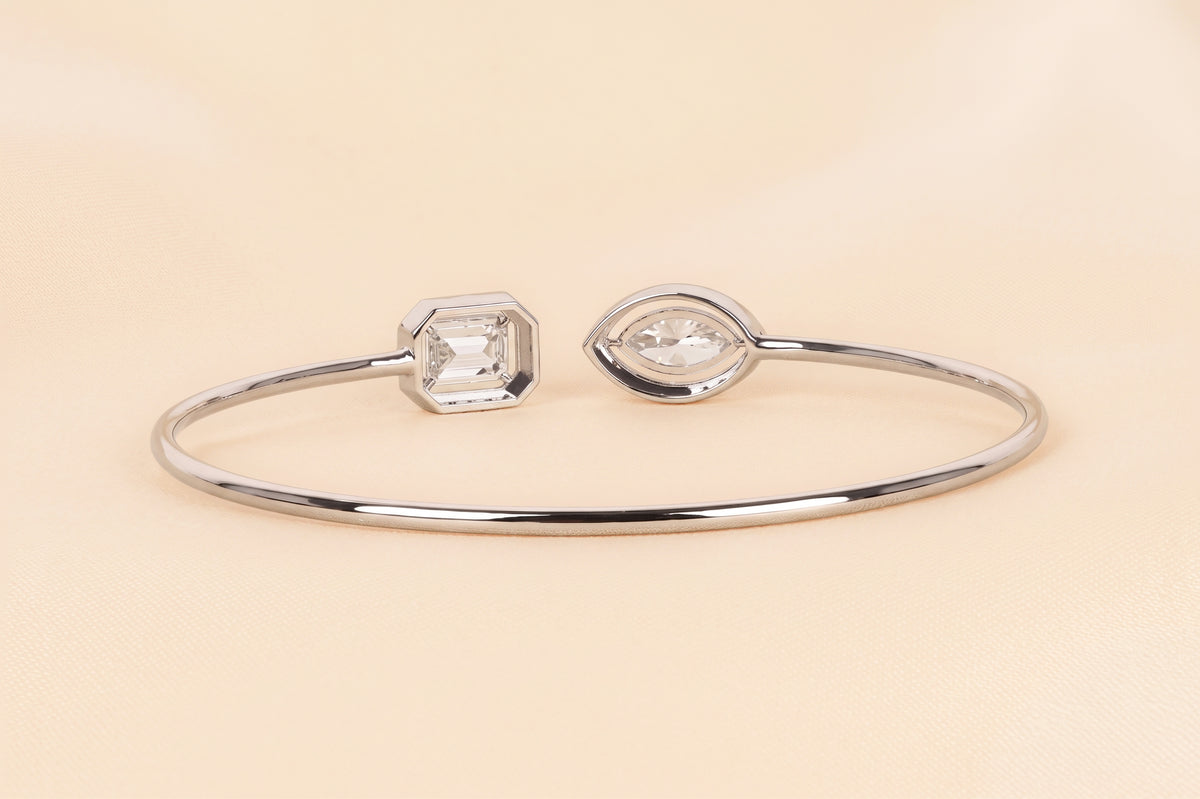 Toi Et Moi Halo Marquise & Emerald Cut Lab Grown Diamond Bangle Bracelet in 14K white Gold 1.90 CTW