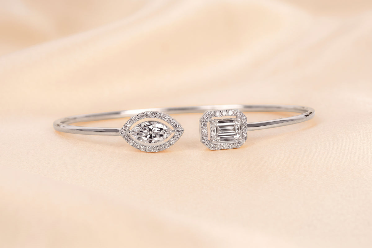 Toi Et Moi Halo Marquise & Emerald Cut Lab Grown Diamond Bangle Bracelet in 14K white Gold 1.90 CTW