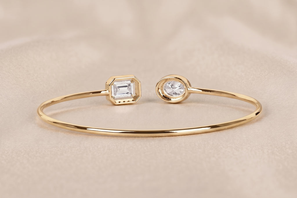 Toi Et Moi Halo Marquise & Emerald Cut Lab Grown Diamond Bangle Bracelet in 14K Yellow Gold 1.90 CTW