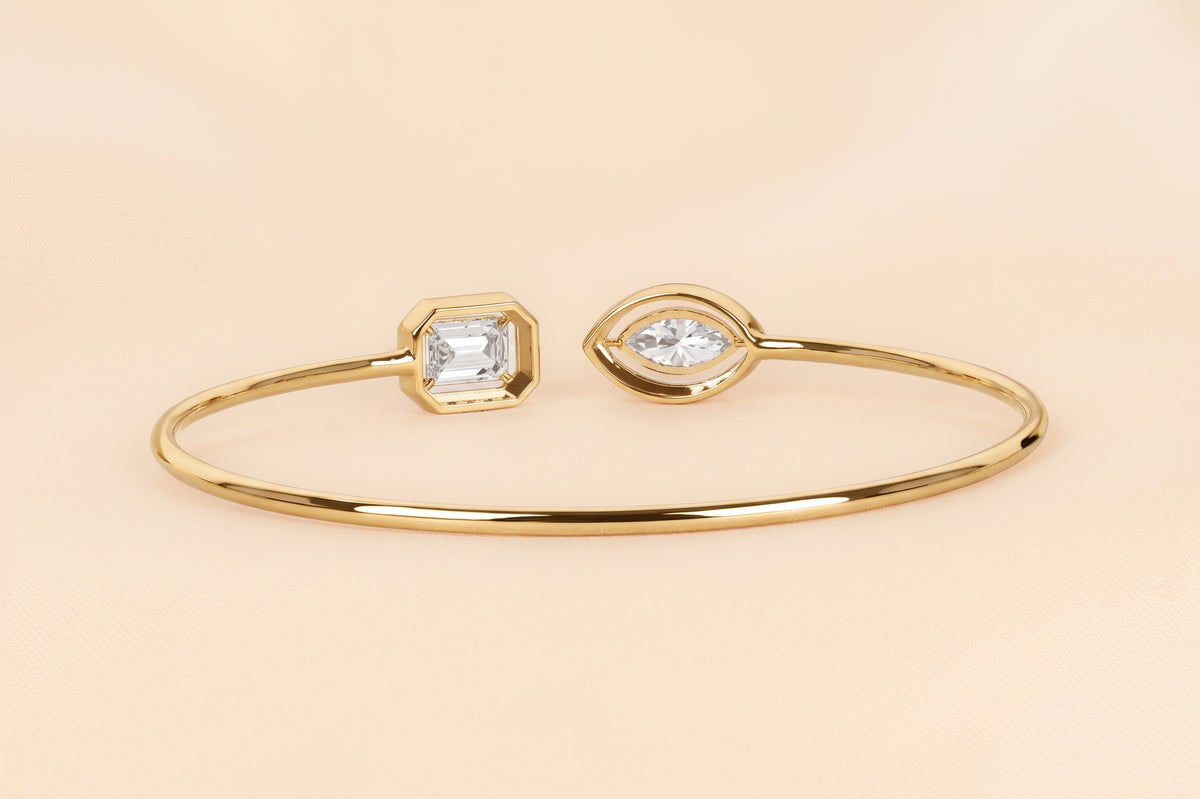 Toi Et Moi Halo Marquise & Emerald Cut Lab Grown Diamond Bangle Bracelet in 14K Yellow Gold 1.90 CTW
