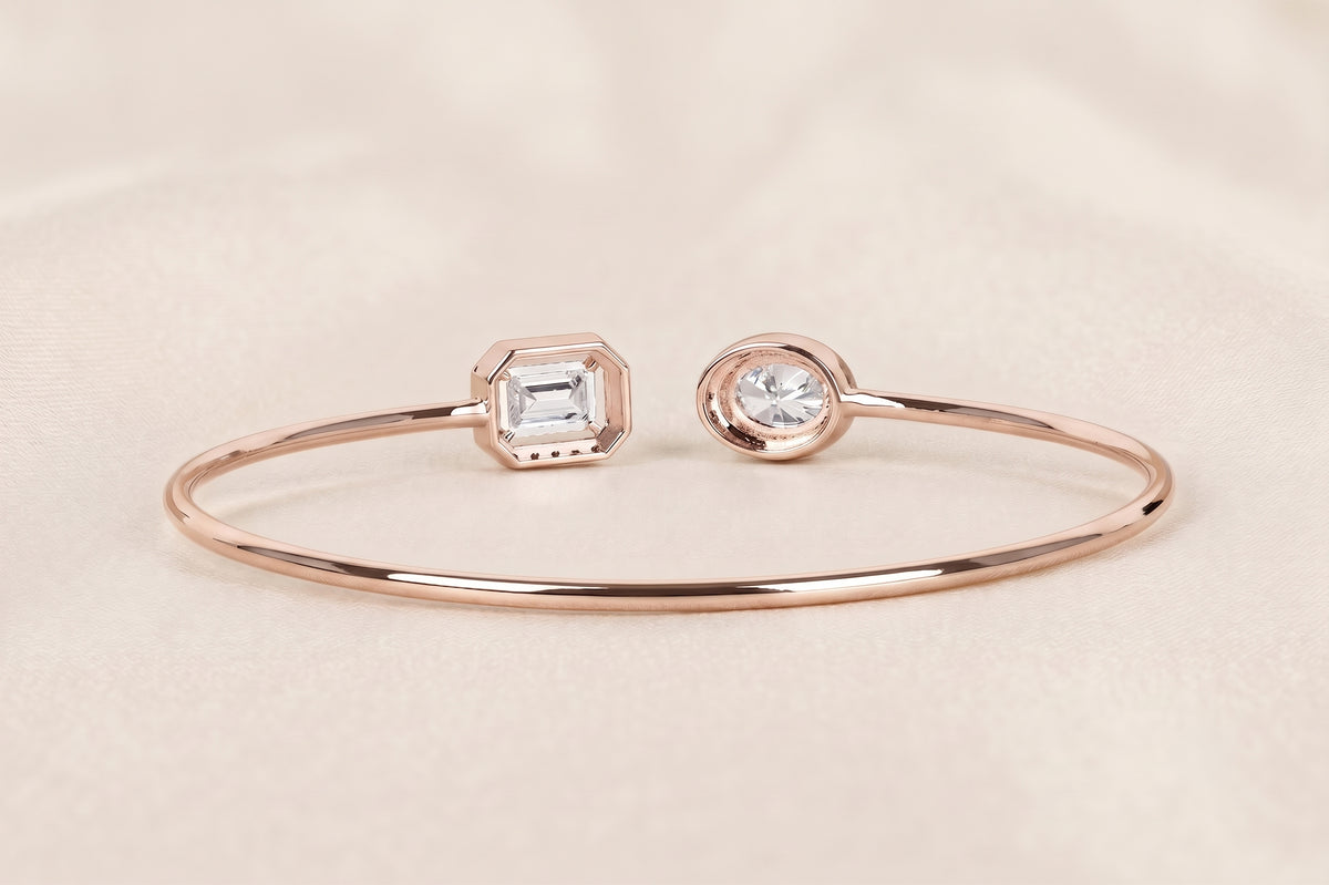 Toi Et Moi Halo Marquise & Emerald Cut Lab Grown Diamond Bangle Bracelet in 18K Rose Gold 1.90 CTW