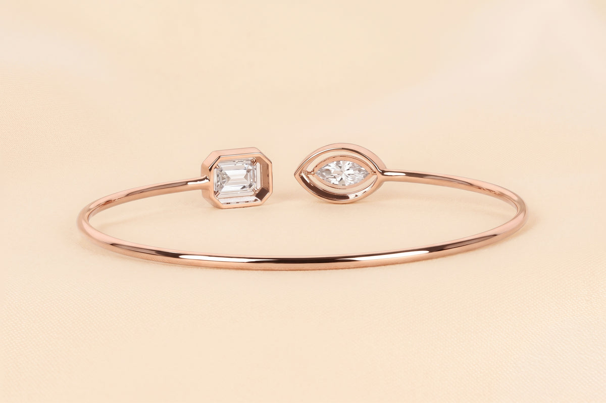 Toi Et Moi Halo Marquise & Emerald Cut Lab Grown Diamond Bangle Bracelet in 18K Rose Gold 1.90 CTW