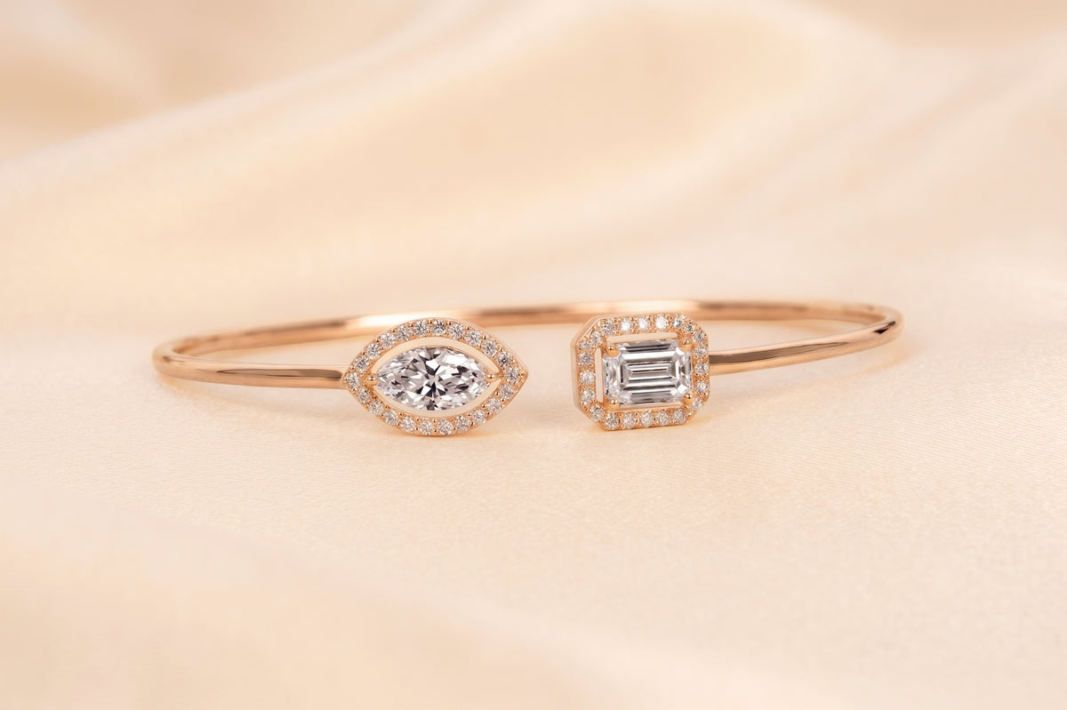 Toi Et Moi Halo Marquise & Emerald Cut Lab Grown Diamond Bangle Bracelet in 18K Rose Gold 1.90 CTW