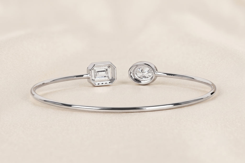 Toi Et Moi Halo Marquise & Emerald Cut Lab Grown Diamond Bangle Bracelet in 18K white Gold 1.90 CTW
