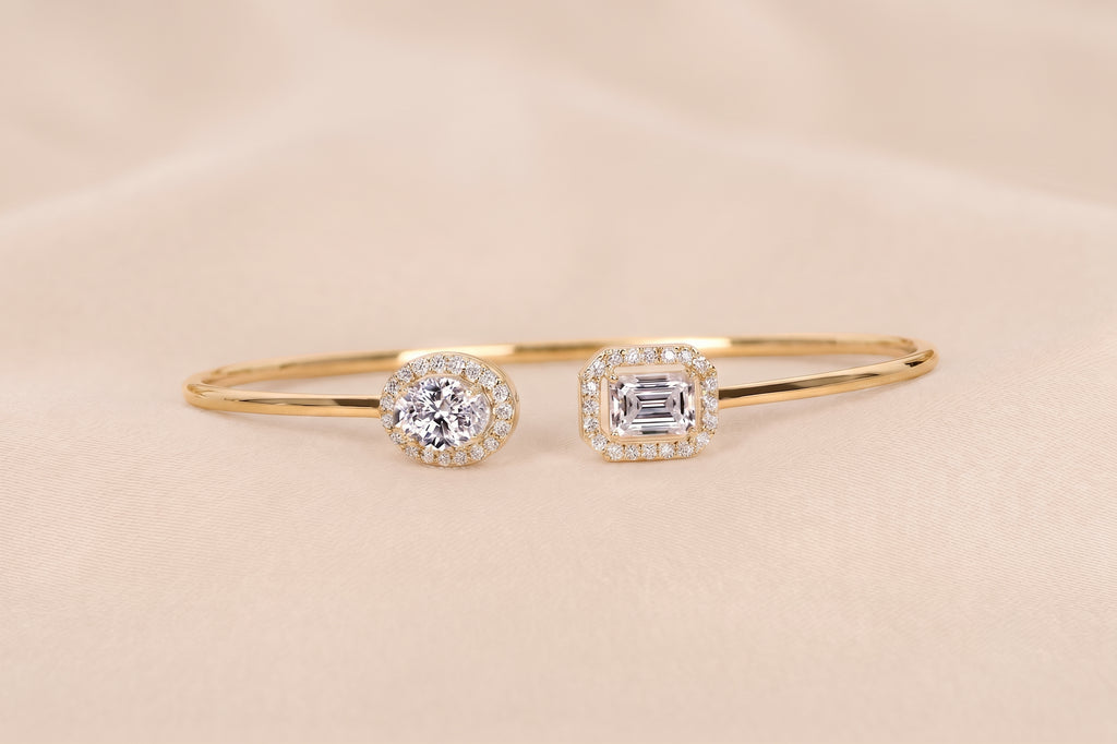 Toi Et Moi Halo Marquise & Emerald Cut Lab Grown Diamond Bangle Bracelet in 18K Yellow Gold 1.90 CTW