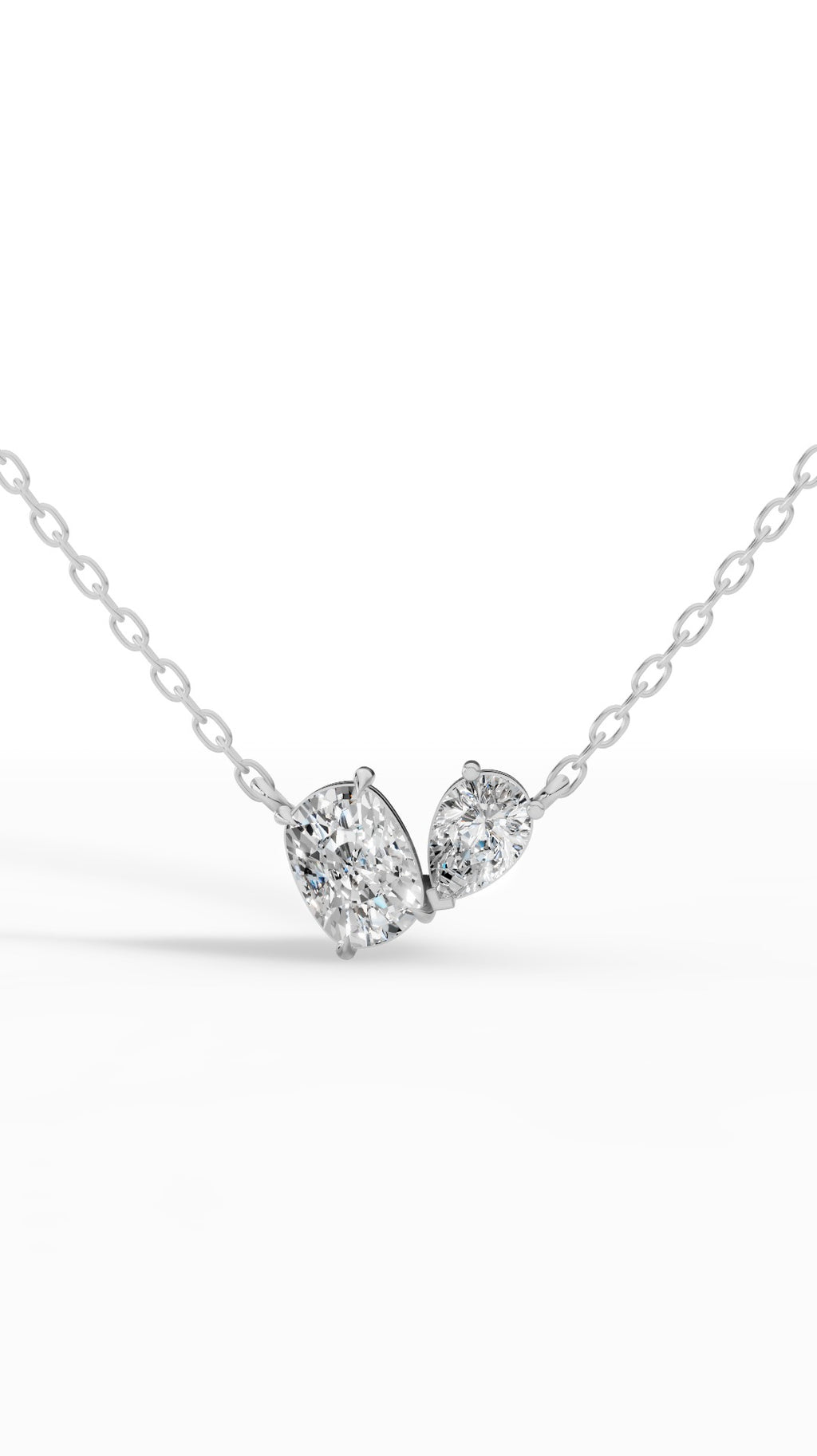 Toi Et Moi Necklace With Cushion And Pear Cut With Chain 14K White Gold 1.3 CTW
