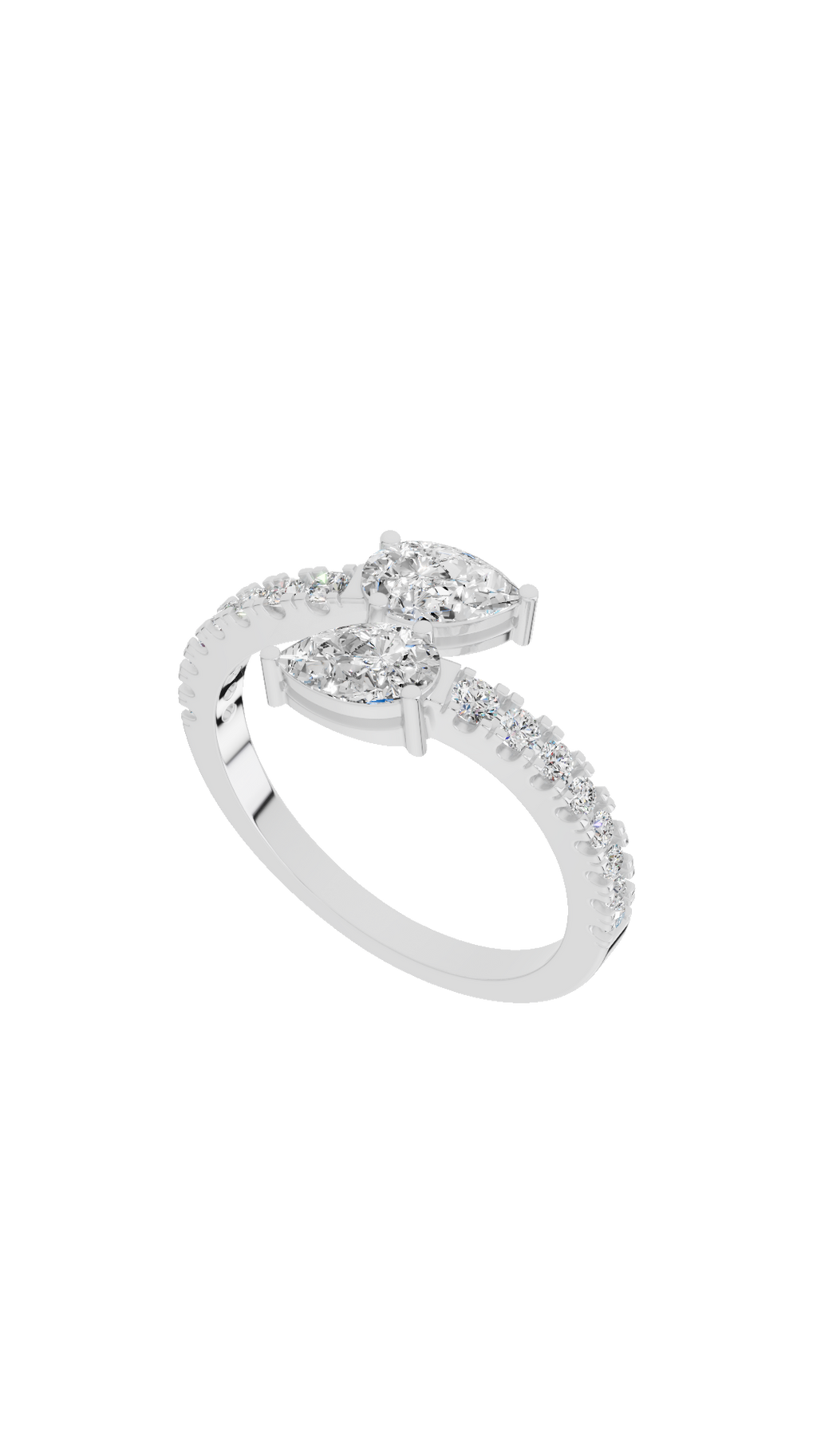 Top view of toi et moi ring with pear shaped and pave round lab grown diamonds in sterling silver