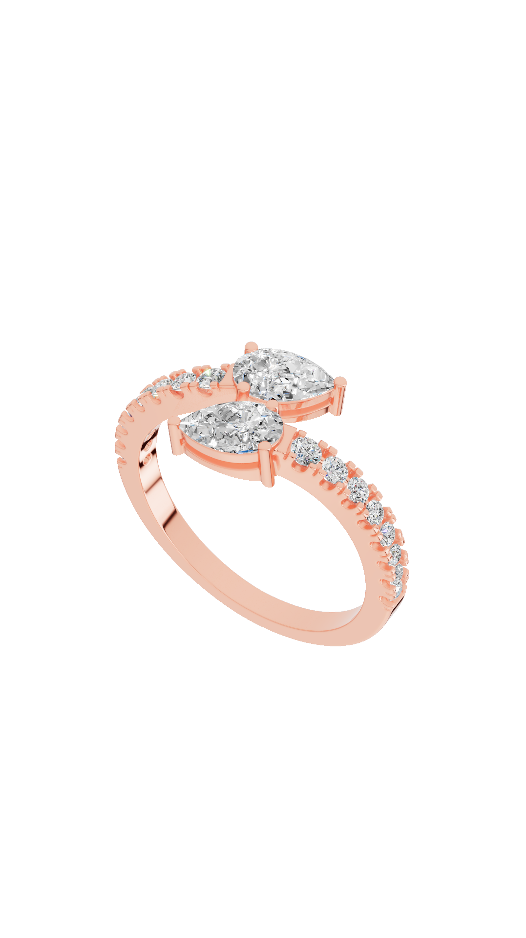 Top view of toi et moi ring with pear shaped and pave round lab grown diamonds in 10K rose gold
