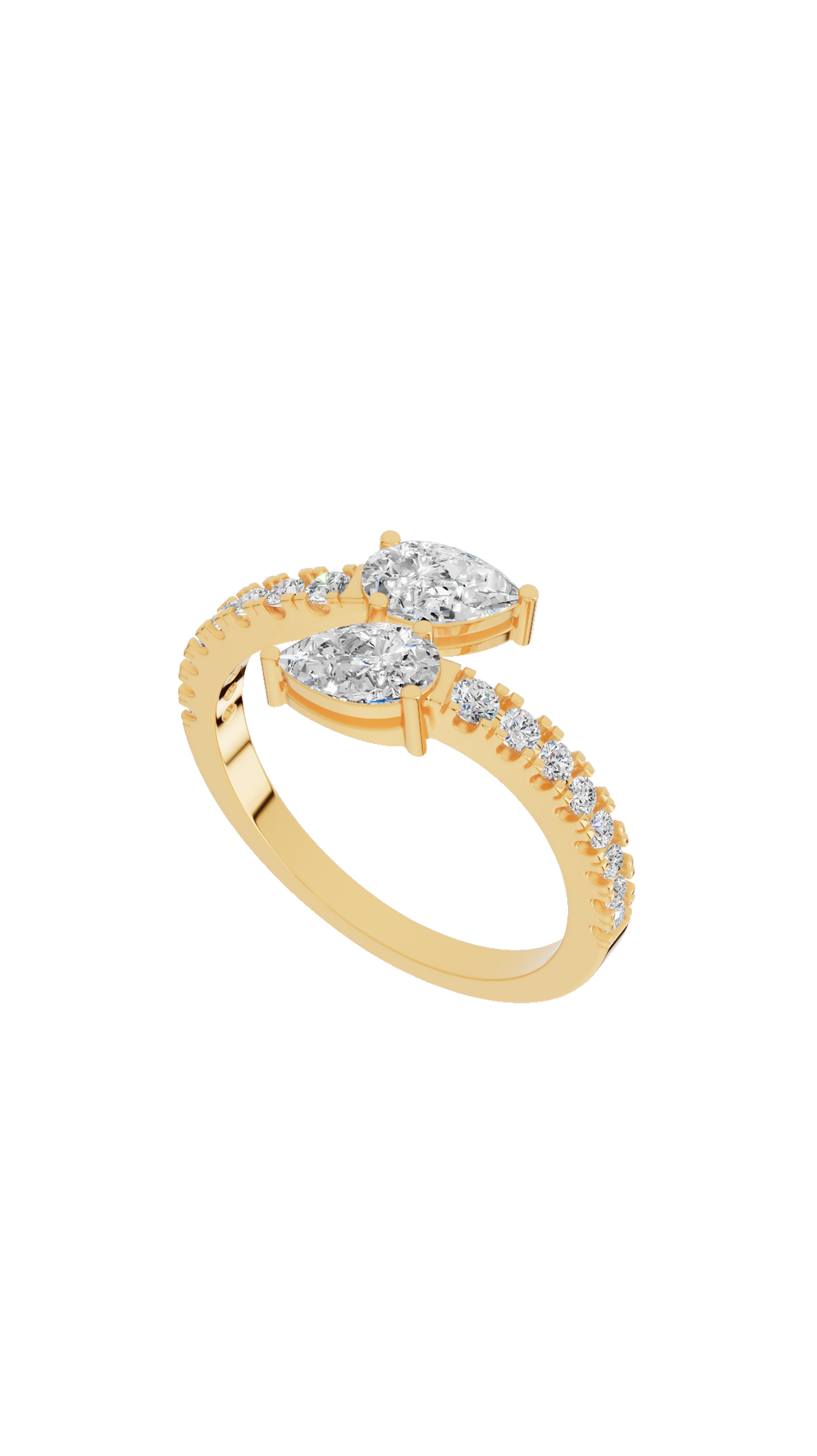 Top angle view of toi et moi ring with pear shaped and pave round lab grown diamonds in 10K yellow gold