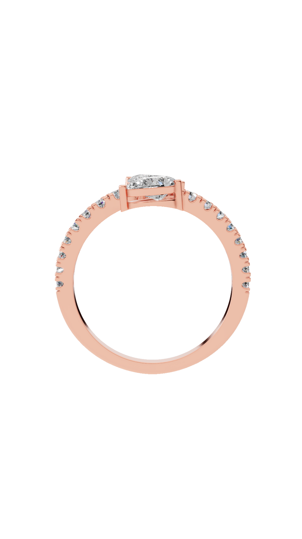Band detail of toi et moi bypass ring in 14K rose gold with pear and pave round lab grown diamonds