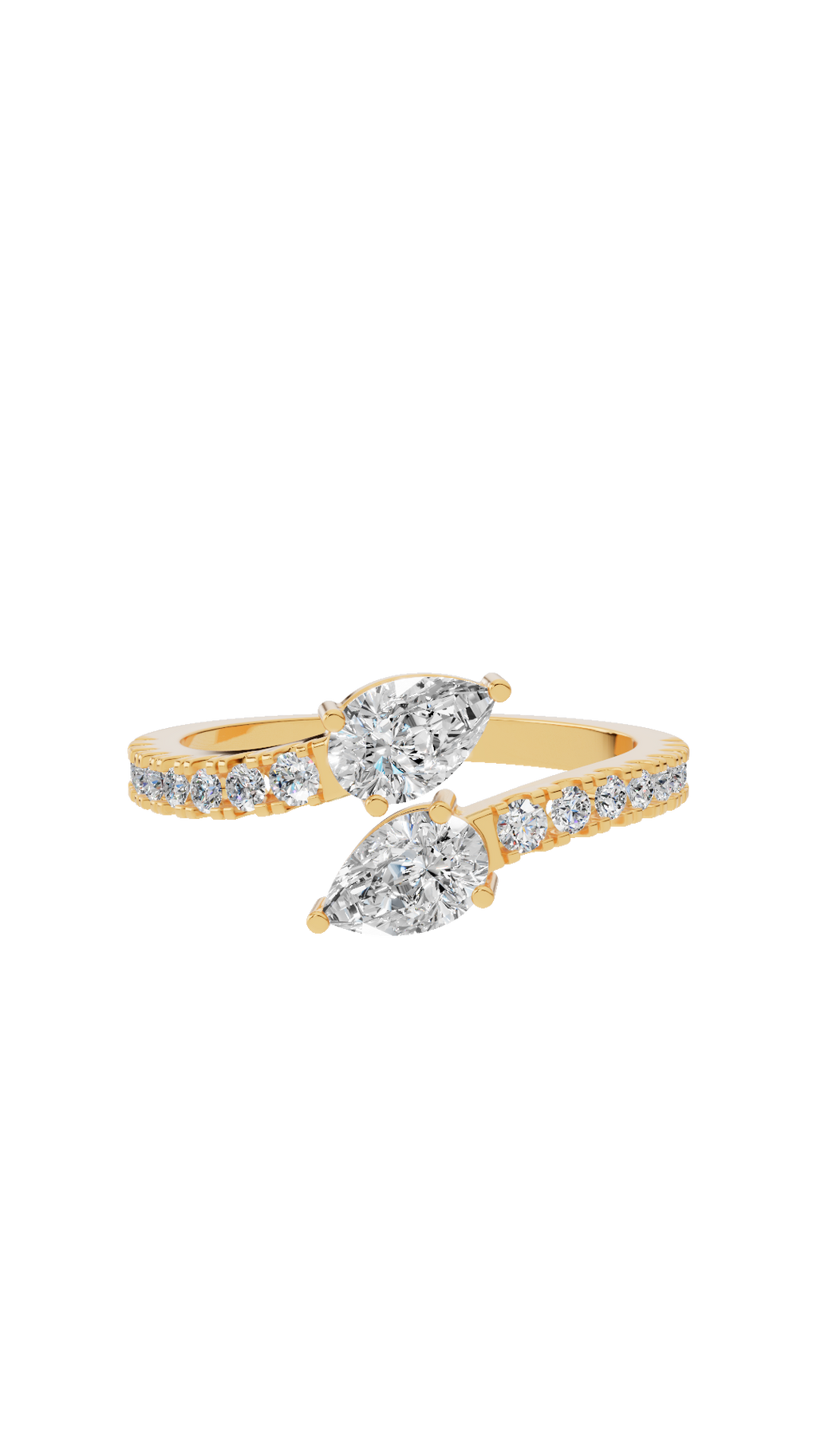 Toi et Moi open bypass ring with pear cut and pave round lab grown diamonds in 14K yellow gold 1.02 CTW
