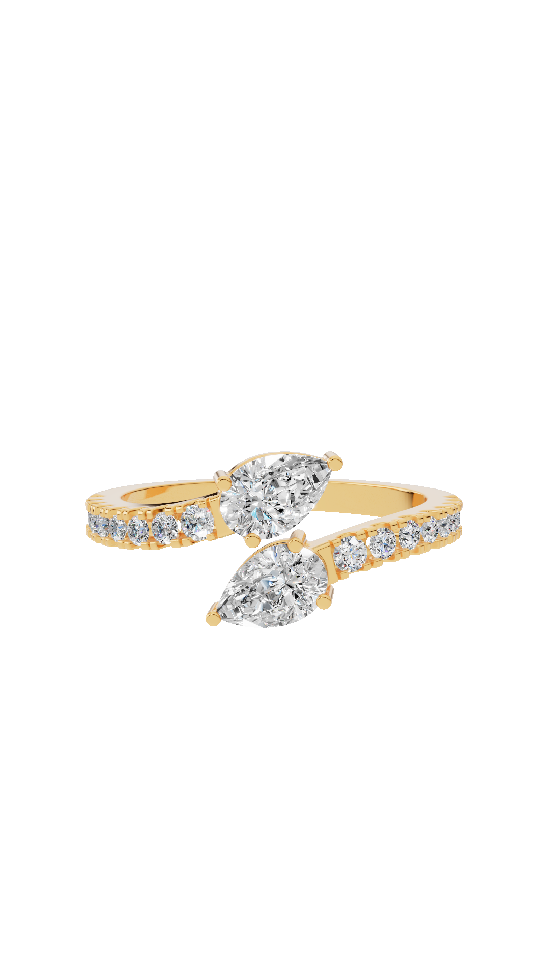 Toi et Moi open bypass ring with pear cut and pave round lab grown diamonds in 14K yellow gold 1.02 CTW