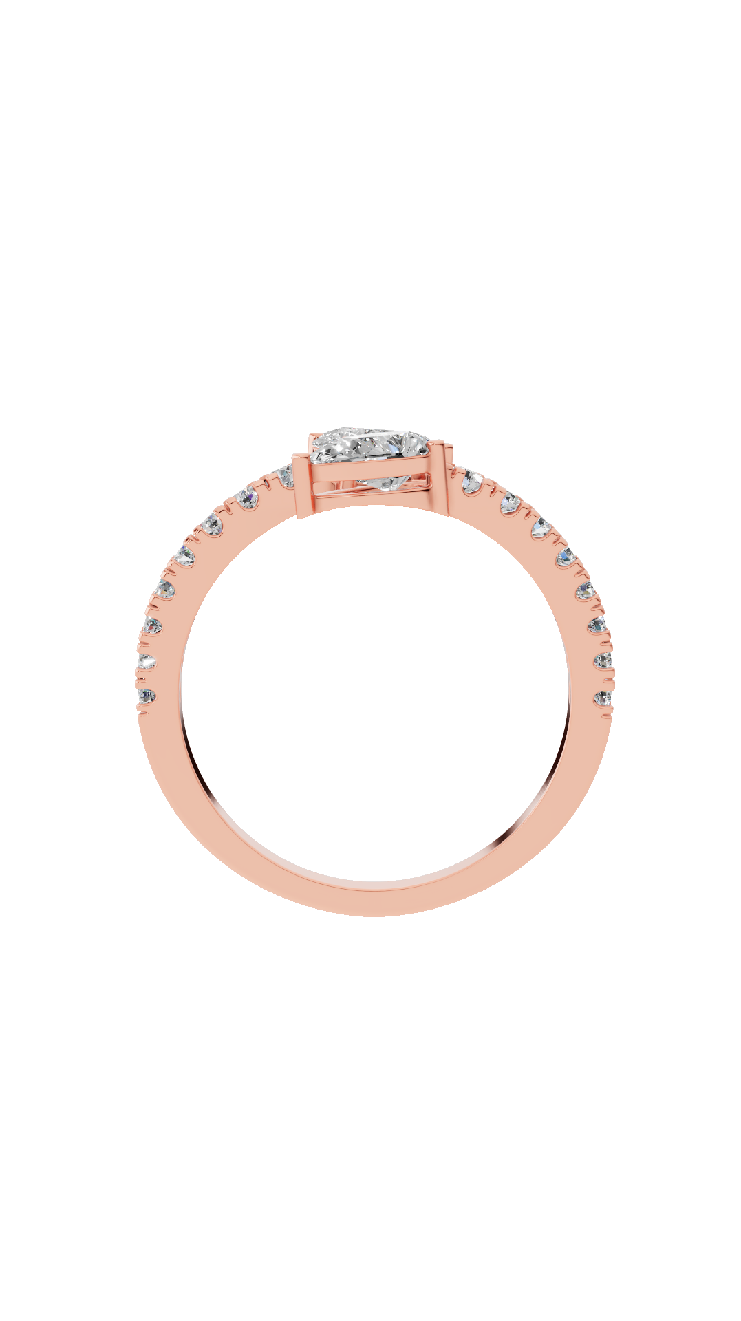 Band detail of toi et moi bypass ring in 18K rose gold with pear and pave round lab grown diamonds