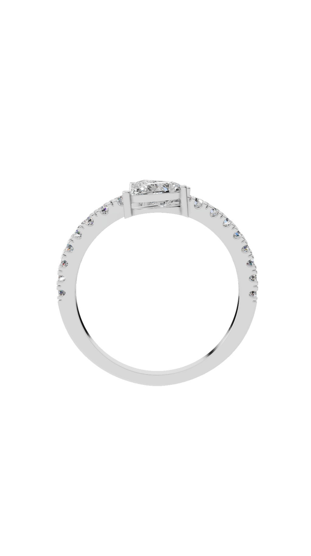 Band detail of toi et moi bypass ring in 18K white gold with pear and pave round lab grown diamonds