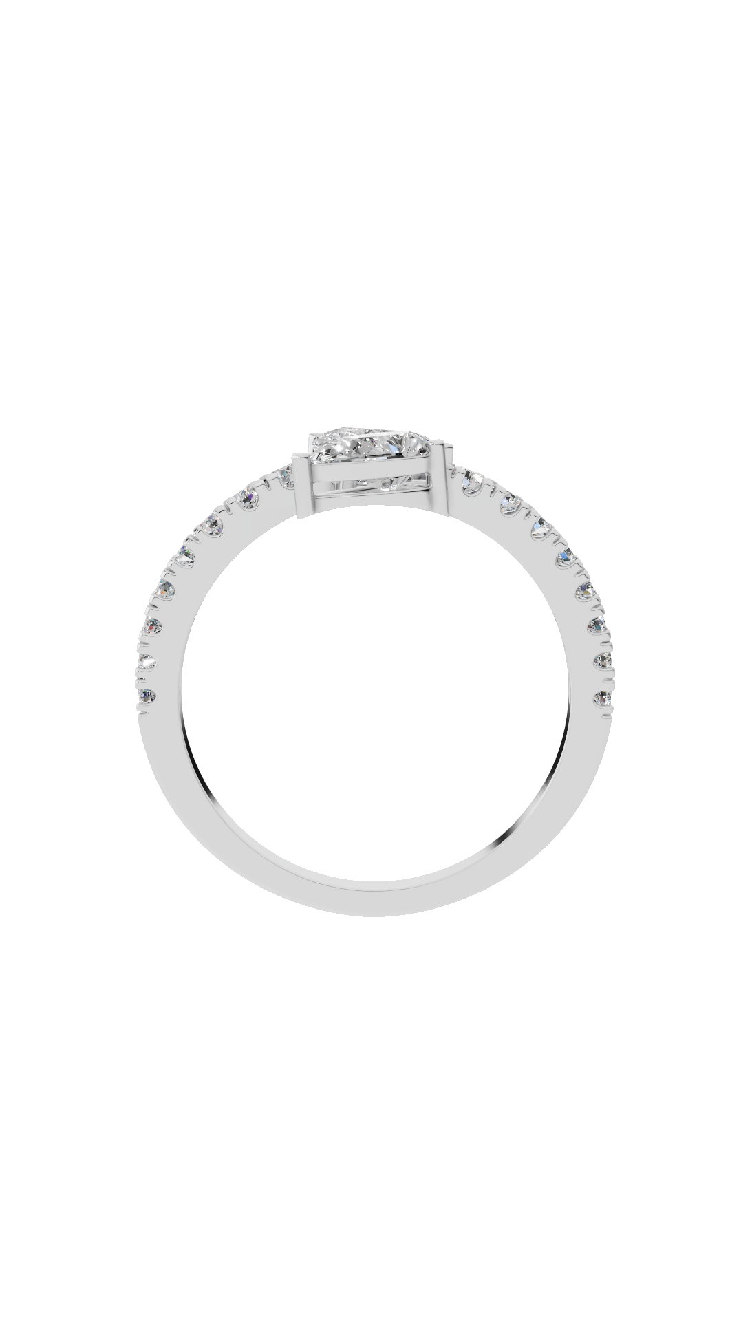 Band detail of toi et moi bypass ring in 18K white gold with pear and pave round lab grown diamonds