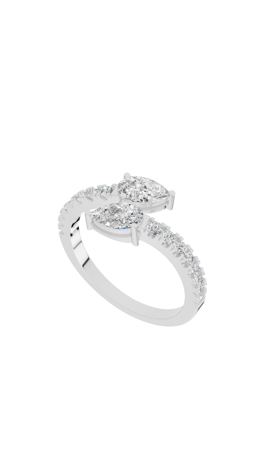 Top angle view of toi et moi ring with pear shaped and pave round lab grown diamonds in 18K white gold