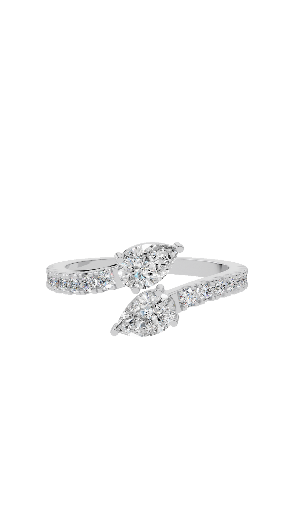 Toi et Moi open bypass ring with pear cut and pave round lab grown diamonds in 18K white gold 1.02 CTW