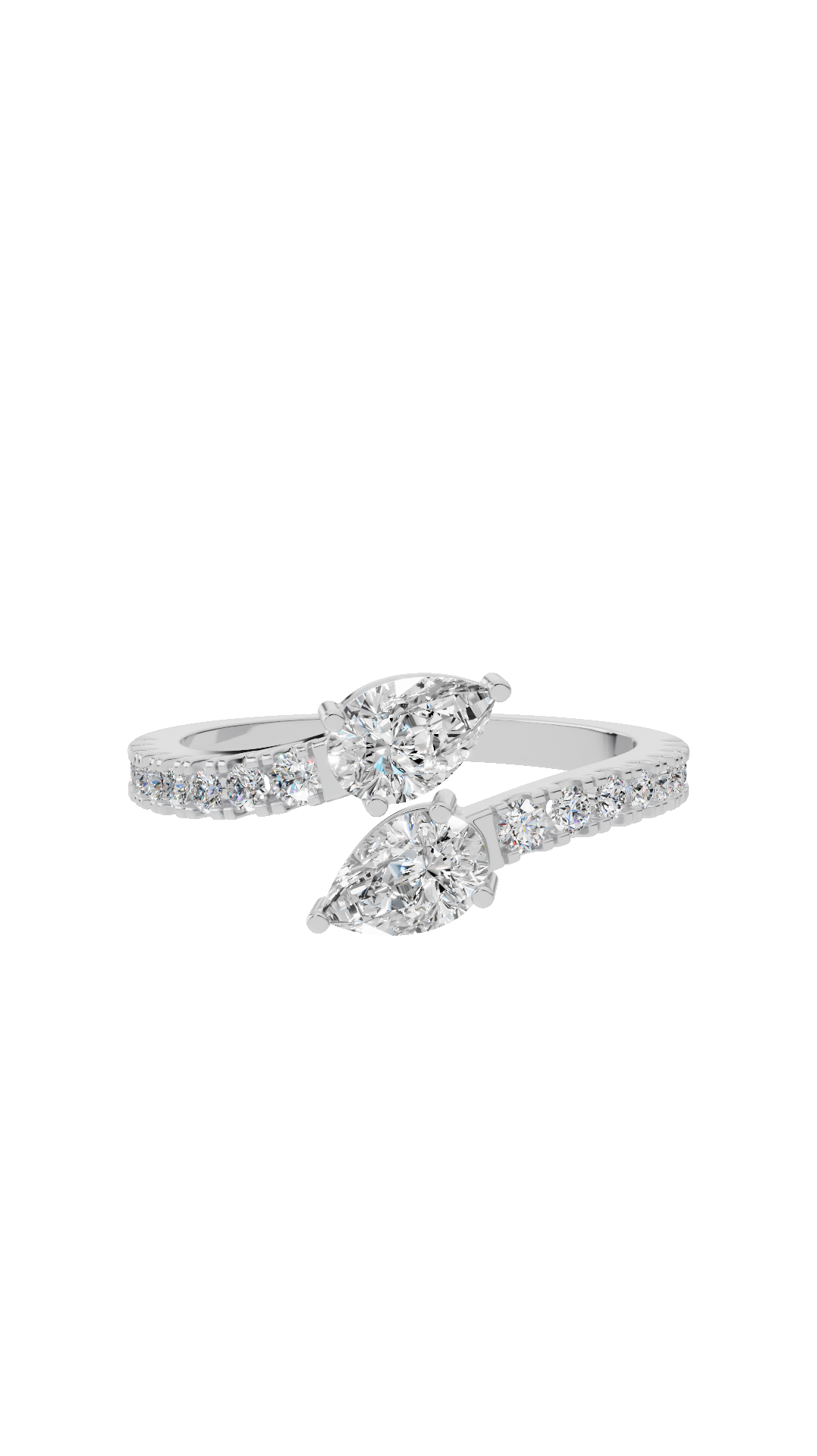 Toi et Moi open bypass ring with pear cut and pave round lab grown diamonds in 18K white gold 1.02 CTW