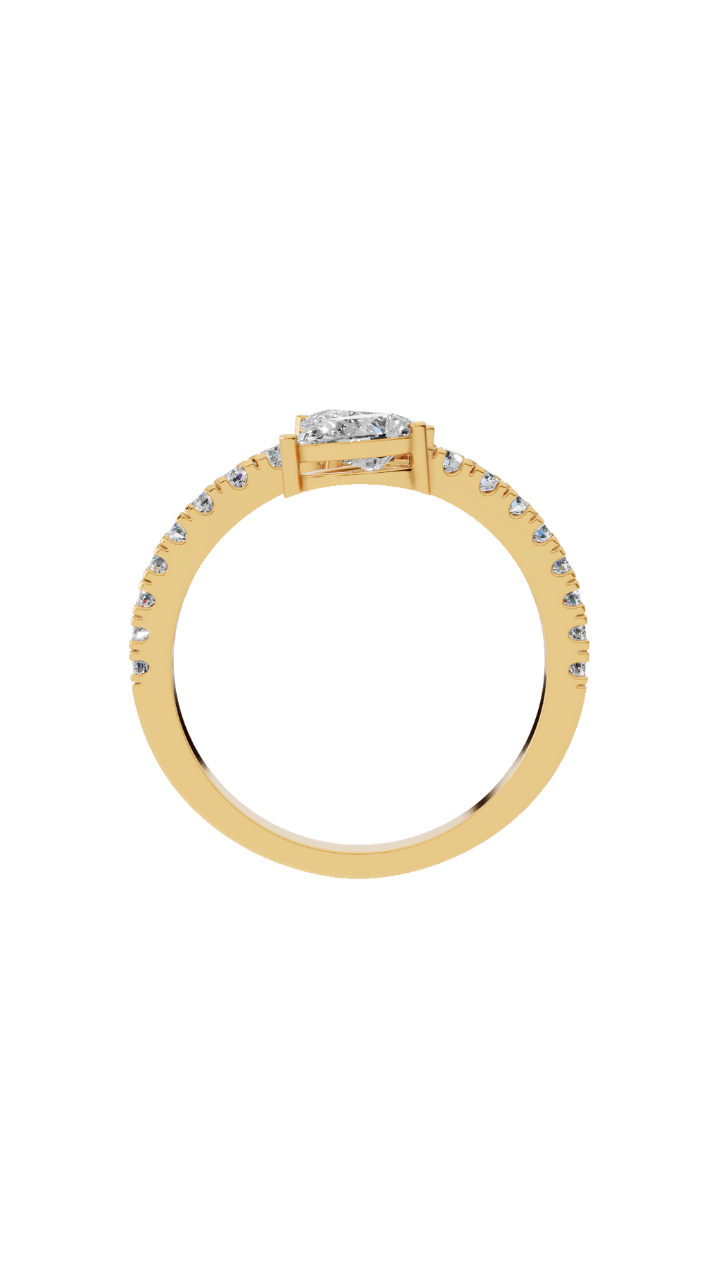 Band detail of toi et moi bypass ring in 18K yellow gold with pear and pave round lab grown diamonds