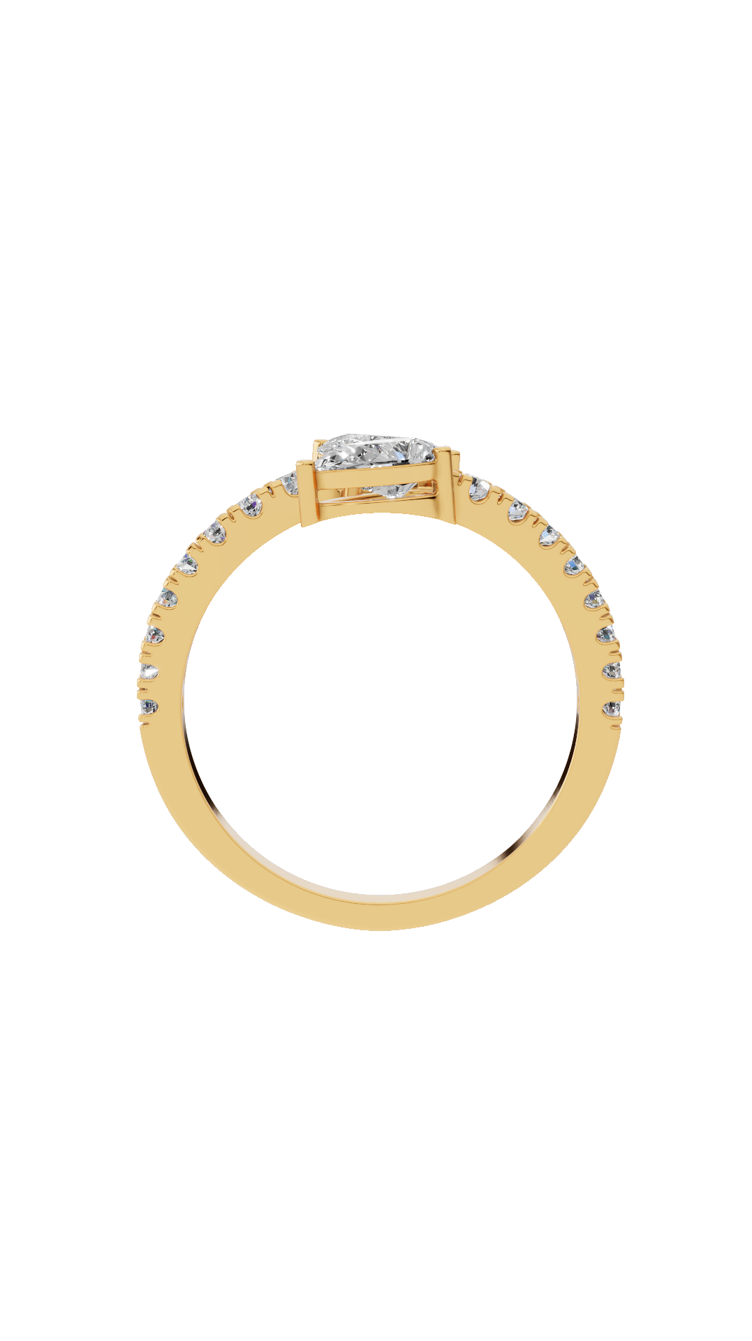 Band detail of toi et moi bypass ring in 18K yellow gold with pear and pave round lab grown diamonds