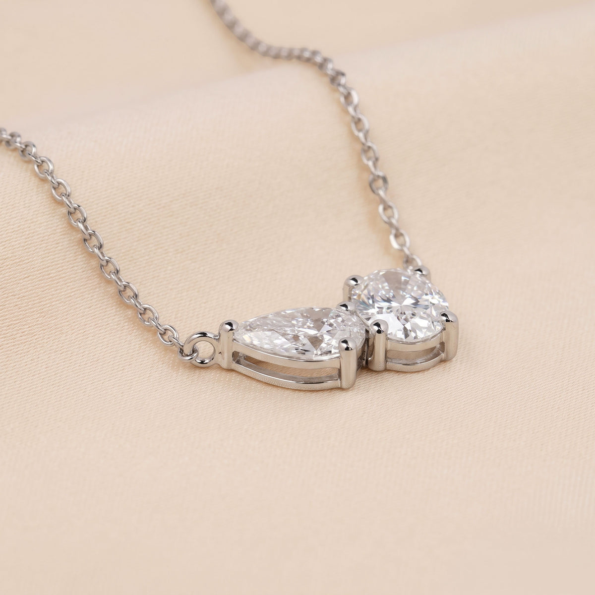 Toi Et Moi Oval And Pear Cut Necklace With Chain 10K White Gold 1.5 CTW