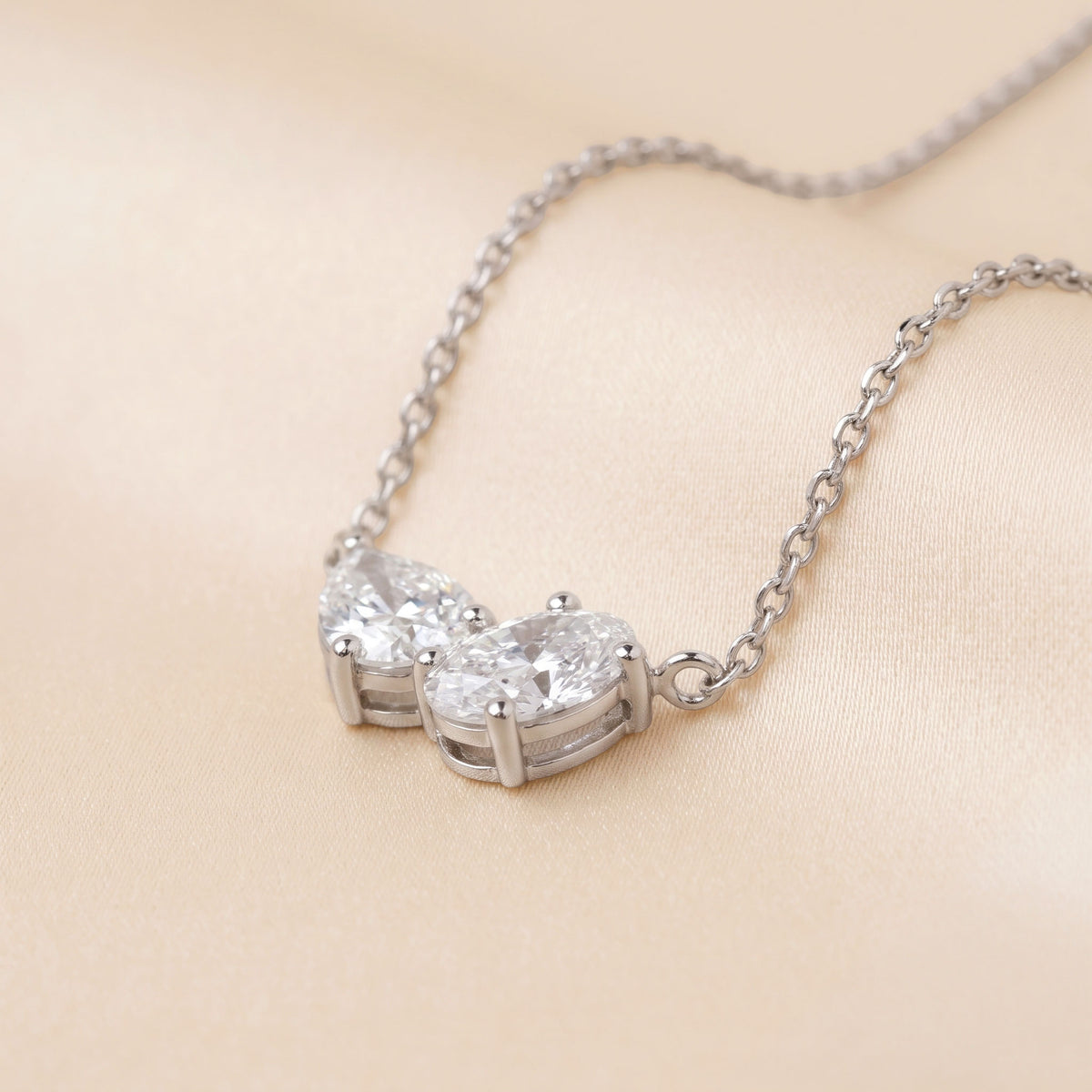 Toi Et Moi Oval And Pear Cut Necklace With Chain 10K White Gold 1.5 CTW