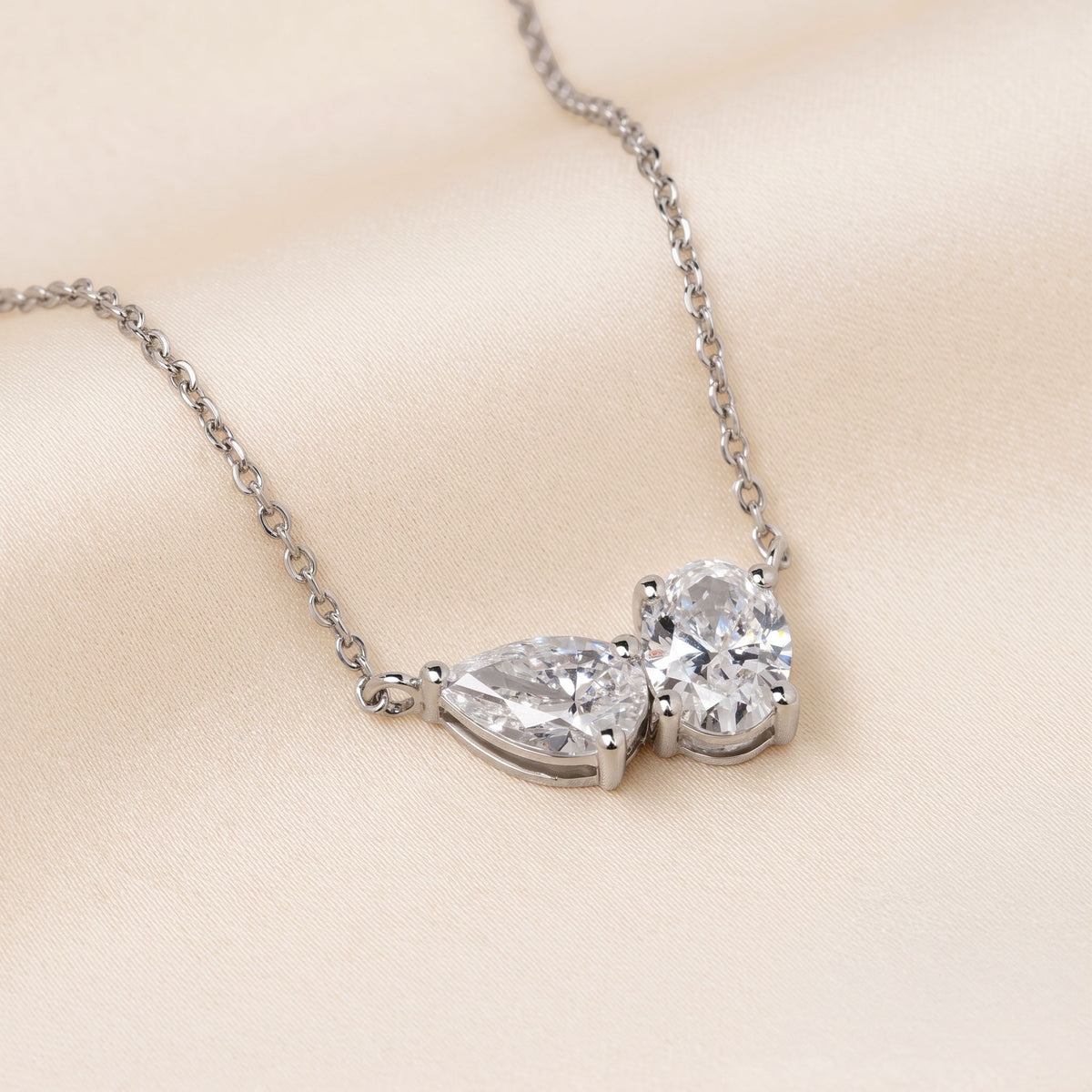 Toi Et Moi Oval And Pear Cut Necklace With Chain 10K White Gold 1.5 CTW