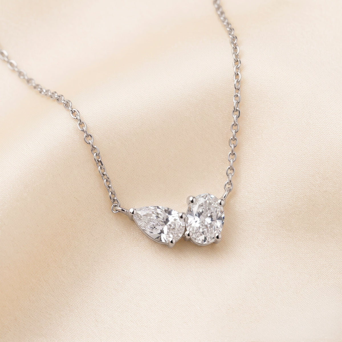 Toi Et Moi Oval And Pear Cut Necklace With Chain 10K White Gold 1.5 CTW