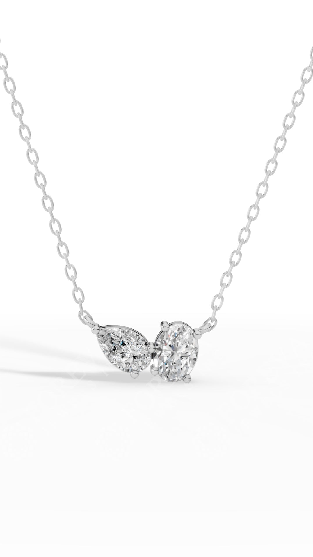 Toi Et Moi Oval And Pear Cut Necklace With Chain 14K White Gold 1.5 CTW