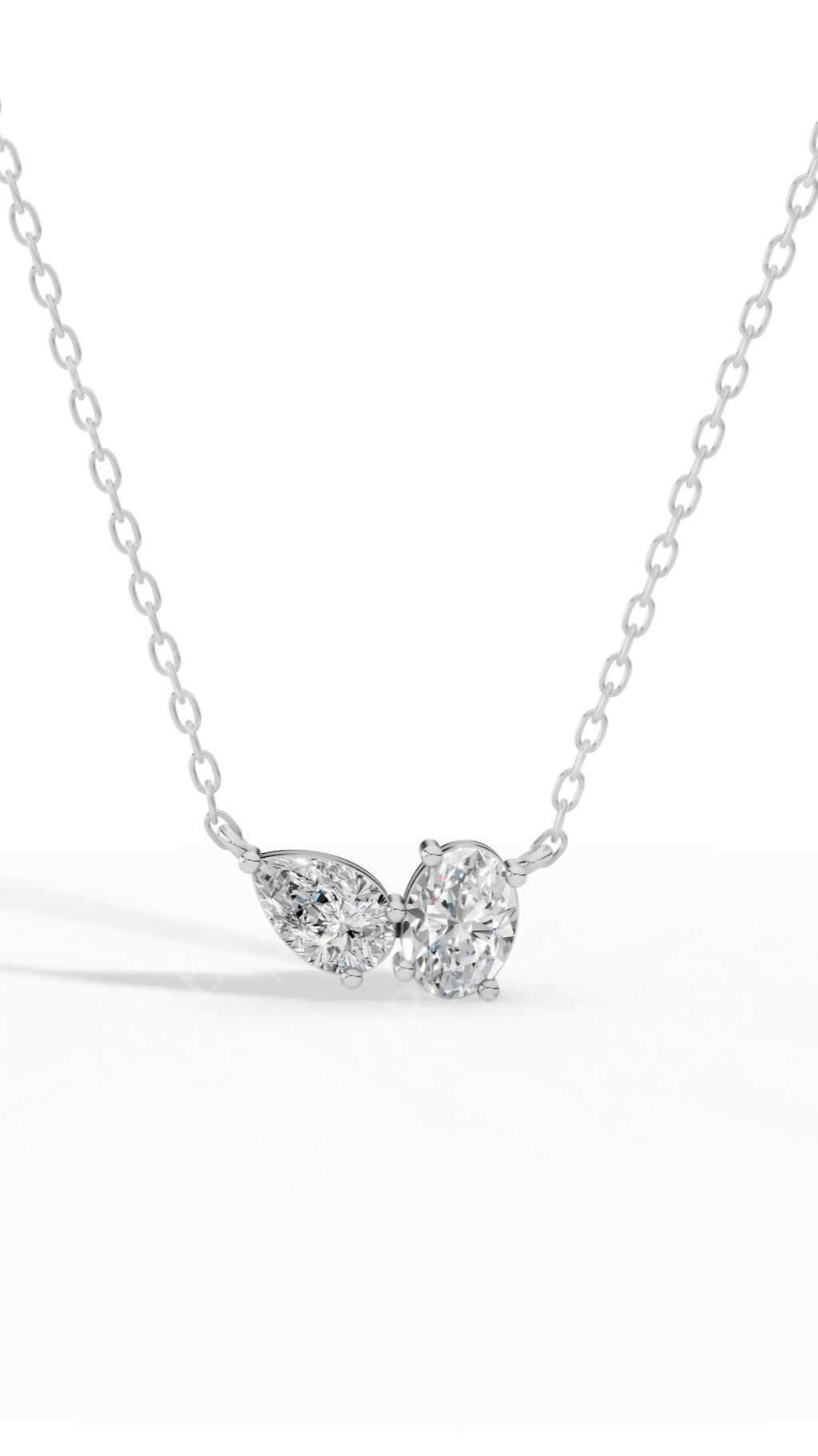 Toi Et Moi Oval And Pear Cut Necklace With Chain 18K White Gold 1.5 CTW
