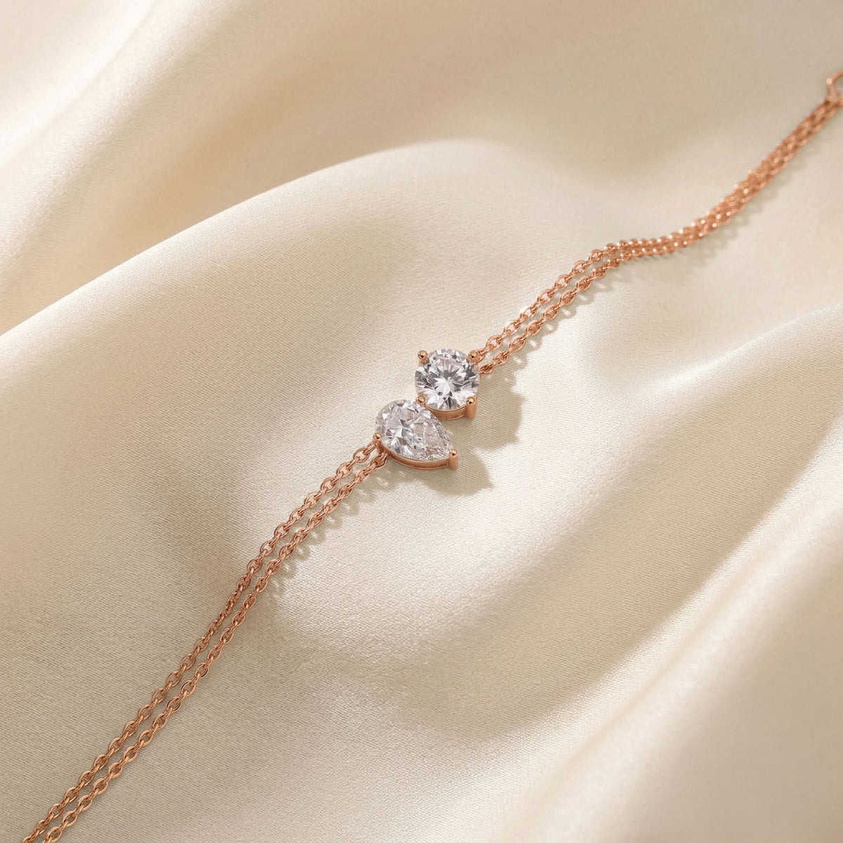 Toi Et Moi Pear & Round Cut Delicate Double-Chain Bracelet Lab Grown Diamonds 10K Rose Gold 1 CTW