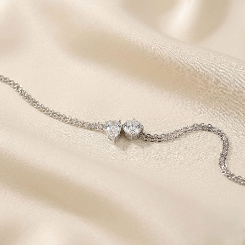 Toi Et Moi Pear & Round Cut Delicate Double-Chain Bracelet Lab Grown Diamonds 18K White Gold 1 CTW