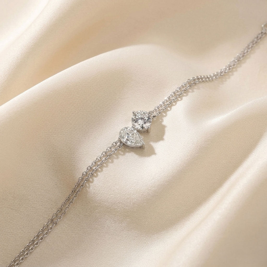 Toi Et Moi Pear & Round Cut Delicate Double-Chain Bracelet Lab Grown Diamonds 18K White Gold 1 CTW
