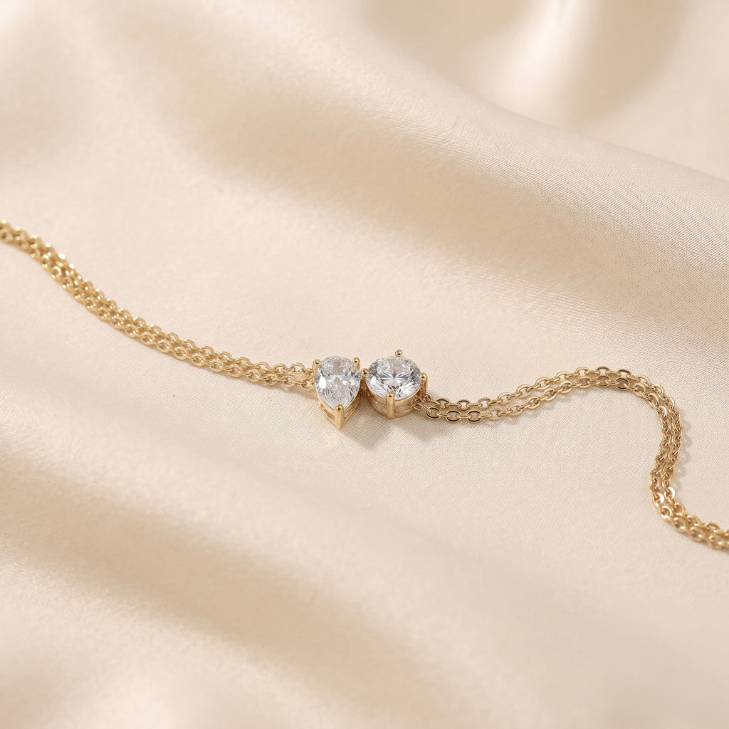 Toi Et Moi Pear & Round Cut Delicate Double-Chain Bracelet Lab Grown Diamonds 18K Yellow Gold 1 CTW