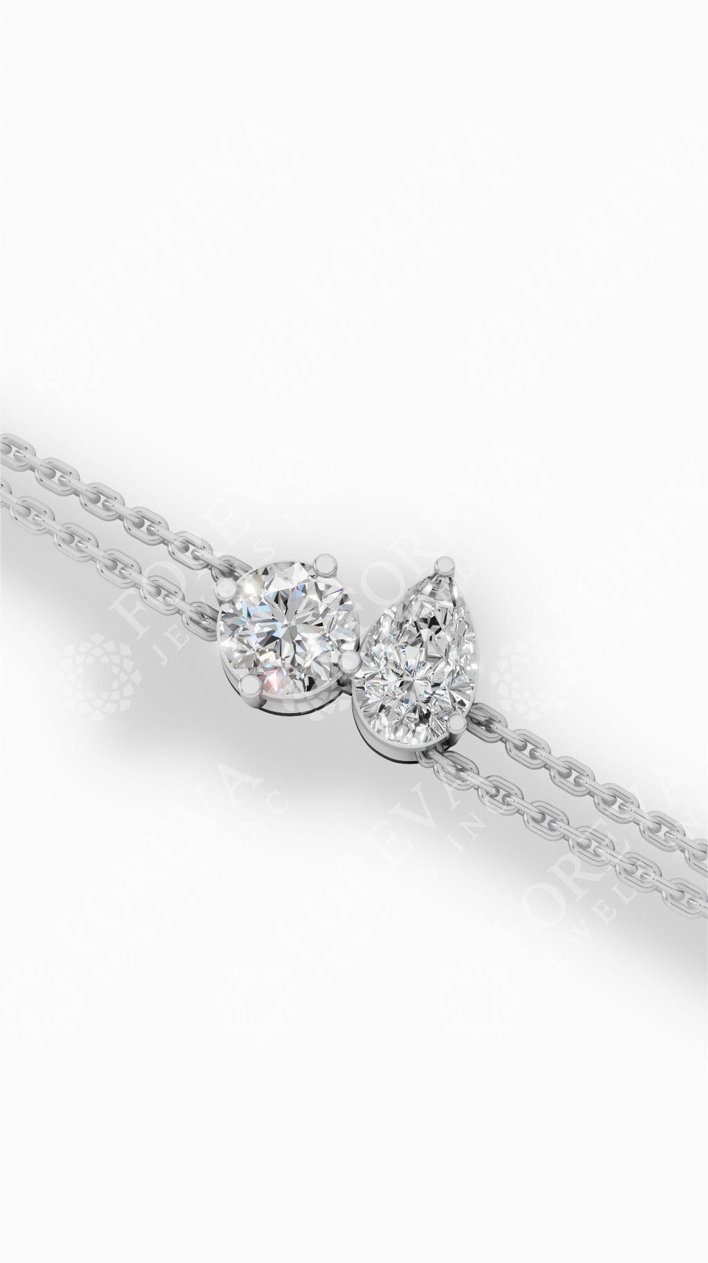 Toi Et Moi Pear & Round Cut Delicate Double-Chain Bracelet Lab Grown Diamonds 14K White Gold 1 CTW